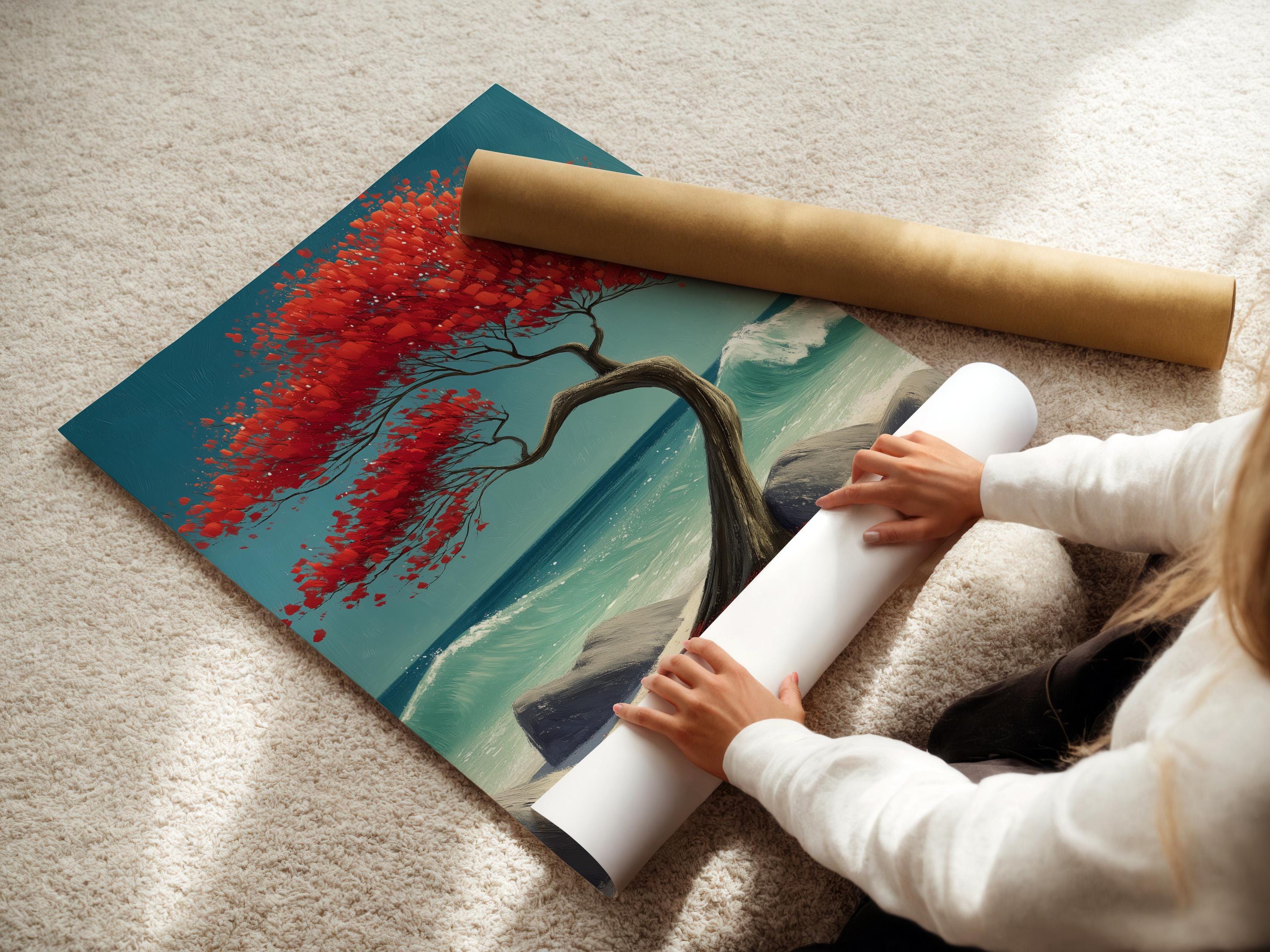 Red tree with spreading branches on a turquoise ocean beach with rocks and foamy waves detail view