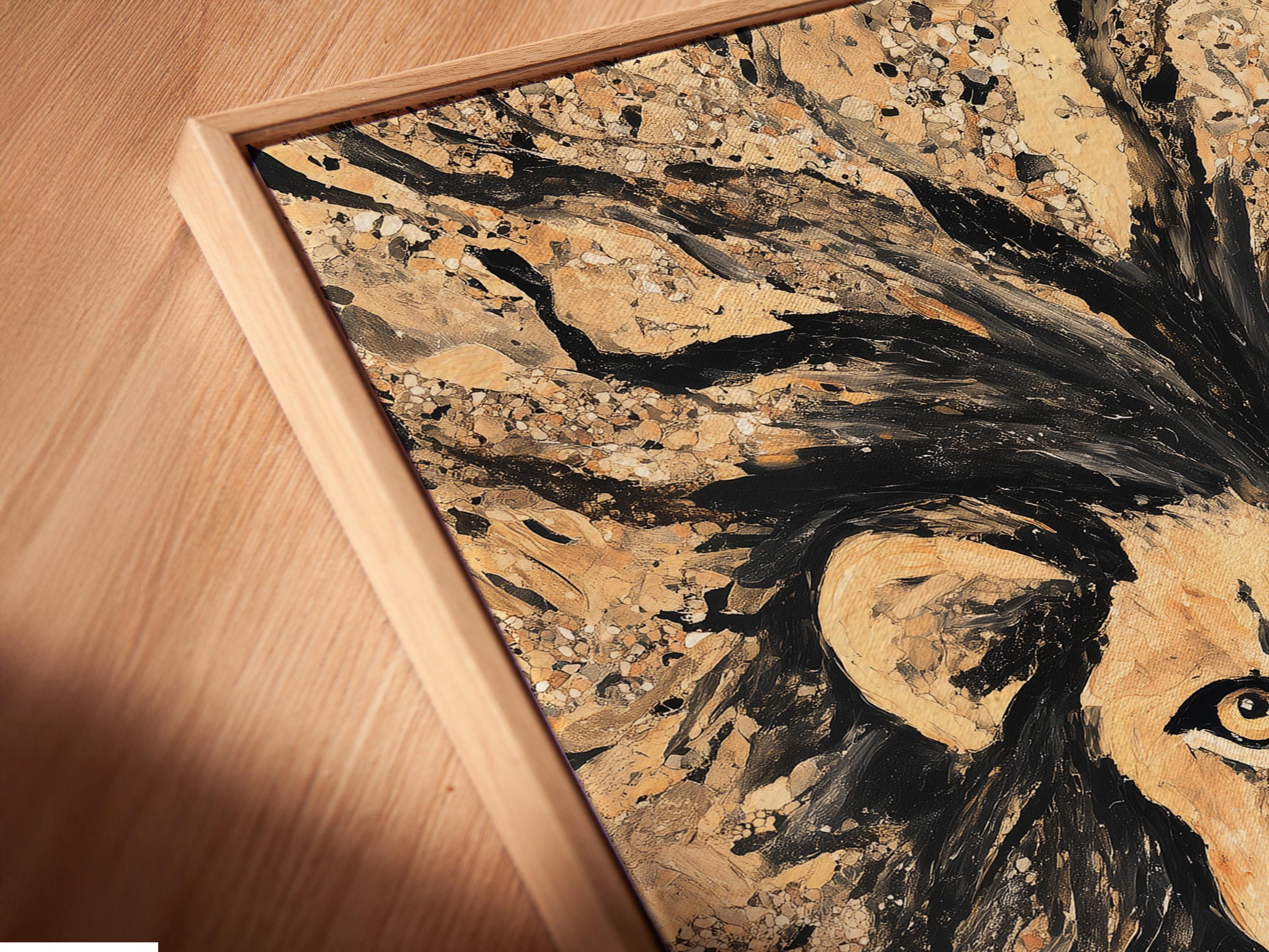 Stylised lion portrait with radiating mane strokes in beige, black and gold tones detail view