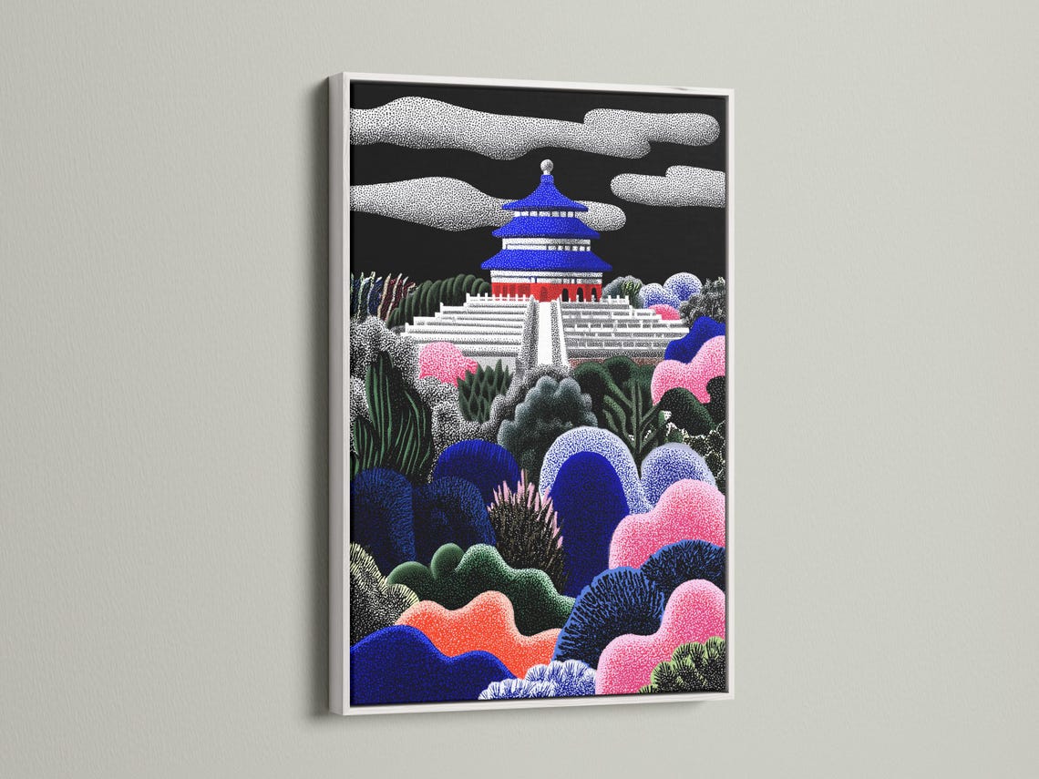 A stylised pagoda temple and terraces rise from layered cactus-like plants and hills, set against a dark night sky with scattered dot textures detail