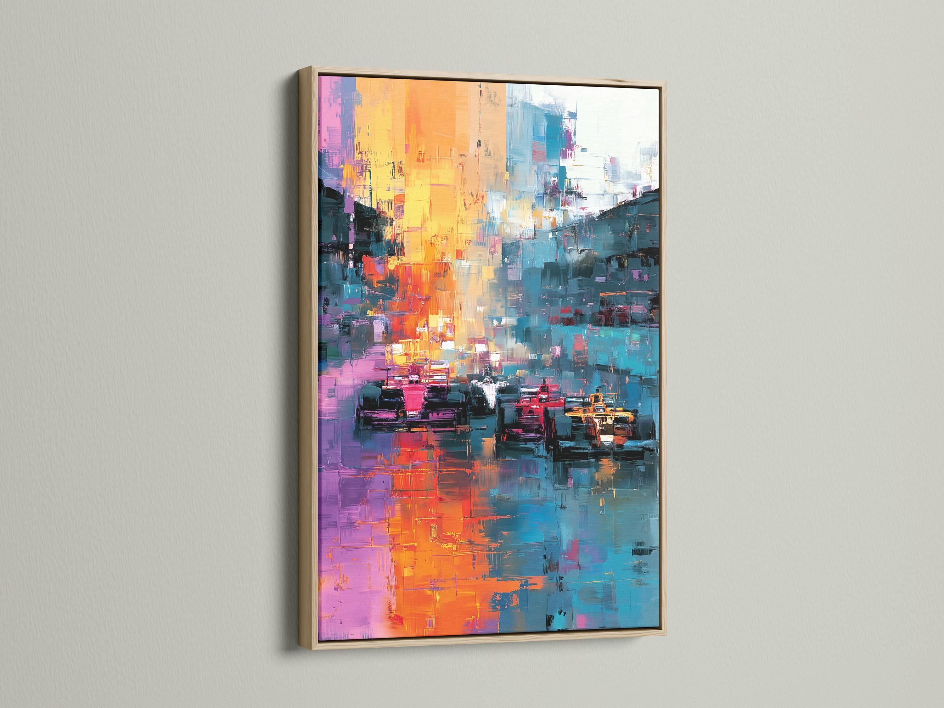 Room mockup with a large framed abstract cityscape artwork above a seating area