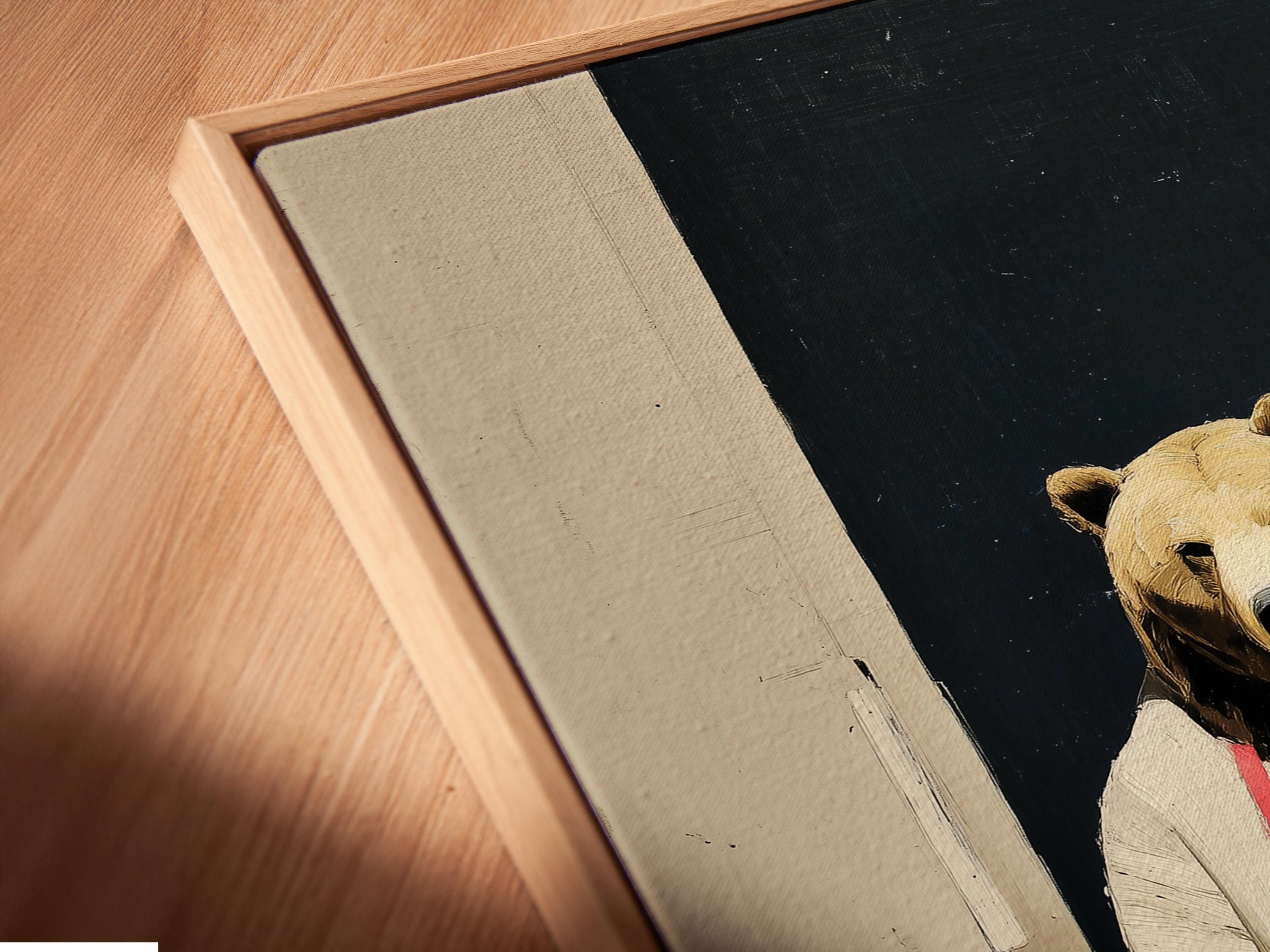 Bear chef wall artwork shown in a room mockup with multiple frame colour options