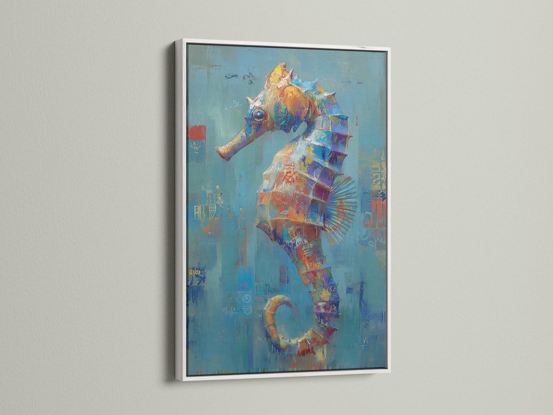 Wall mockup showing a framed abstract seahorse-like artwork with teal and coral accents
