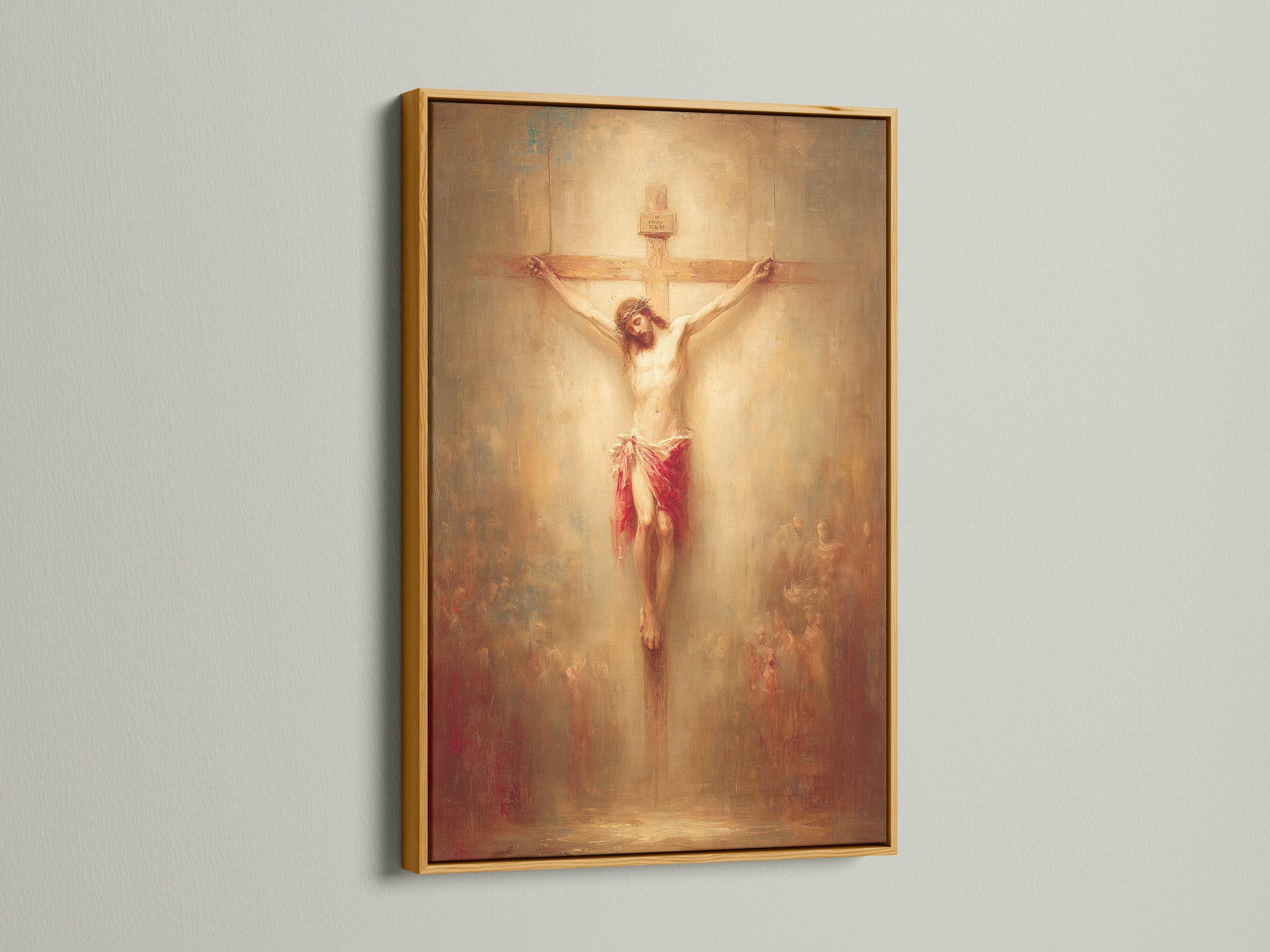 Crucifixion scene painting showing a human figure on a cross with warm beige, gold and red tones detail view