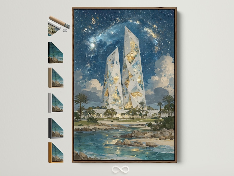 Futuristic crystal towers glowing gold over a starry night coastline with teal water and palm plants