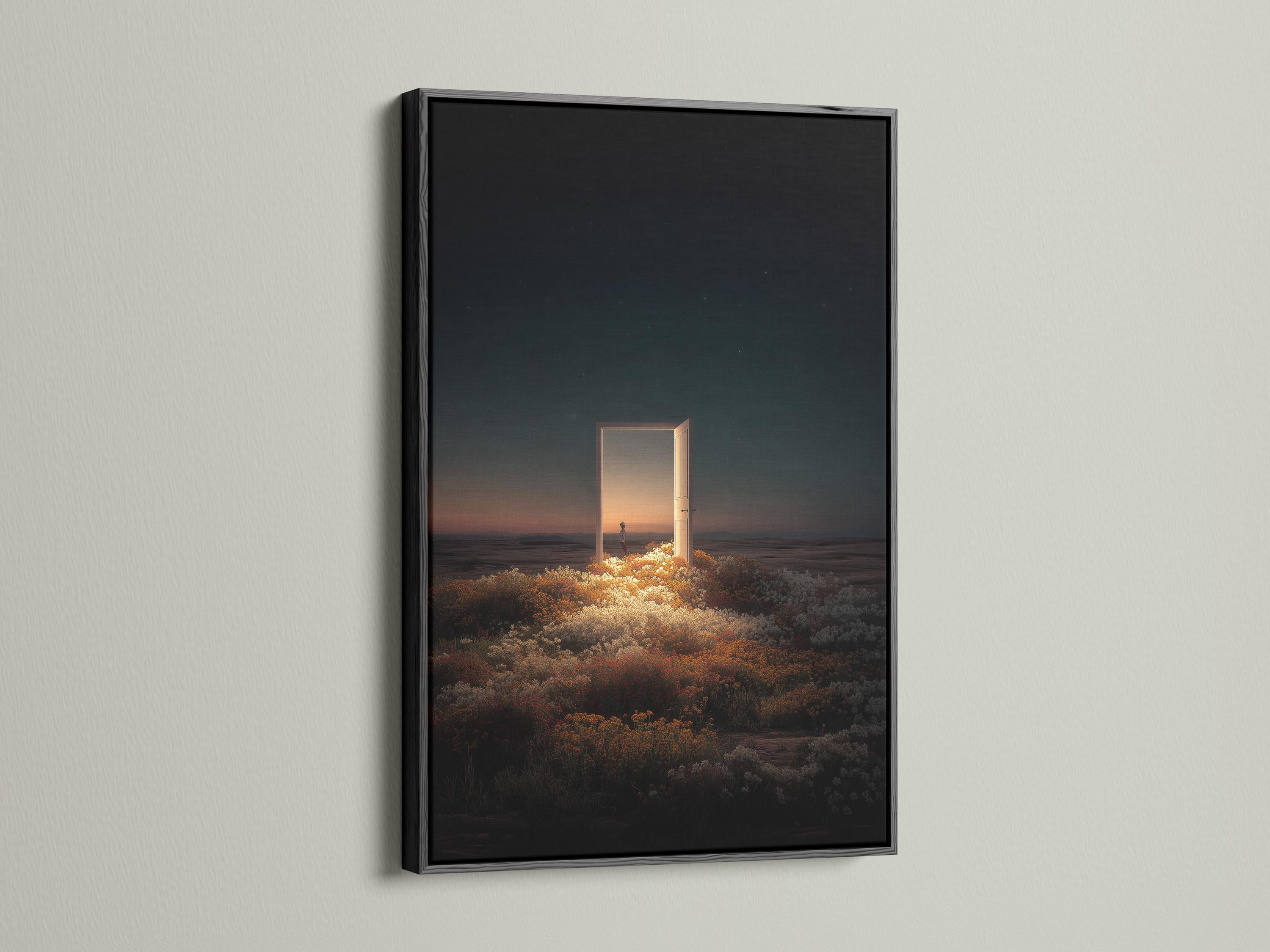 Room mockup showing a framed night seascape with a glowing doorway opening and starry sky