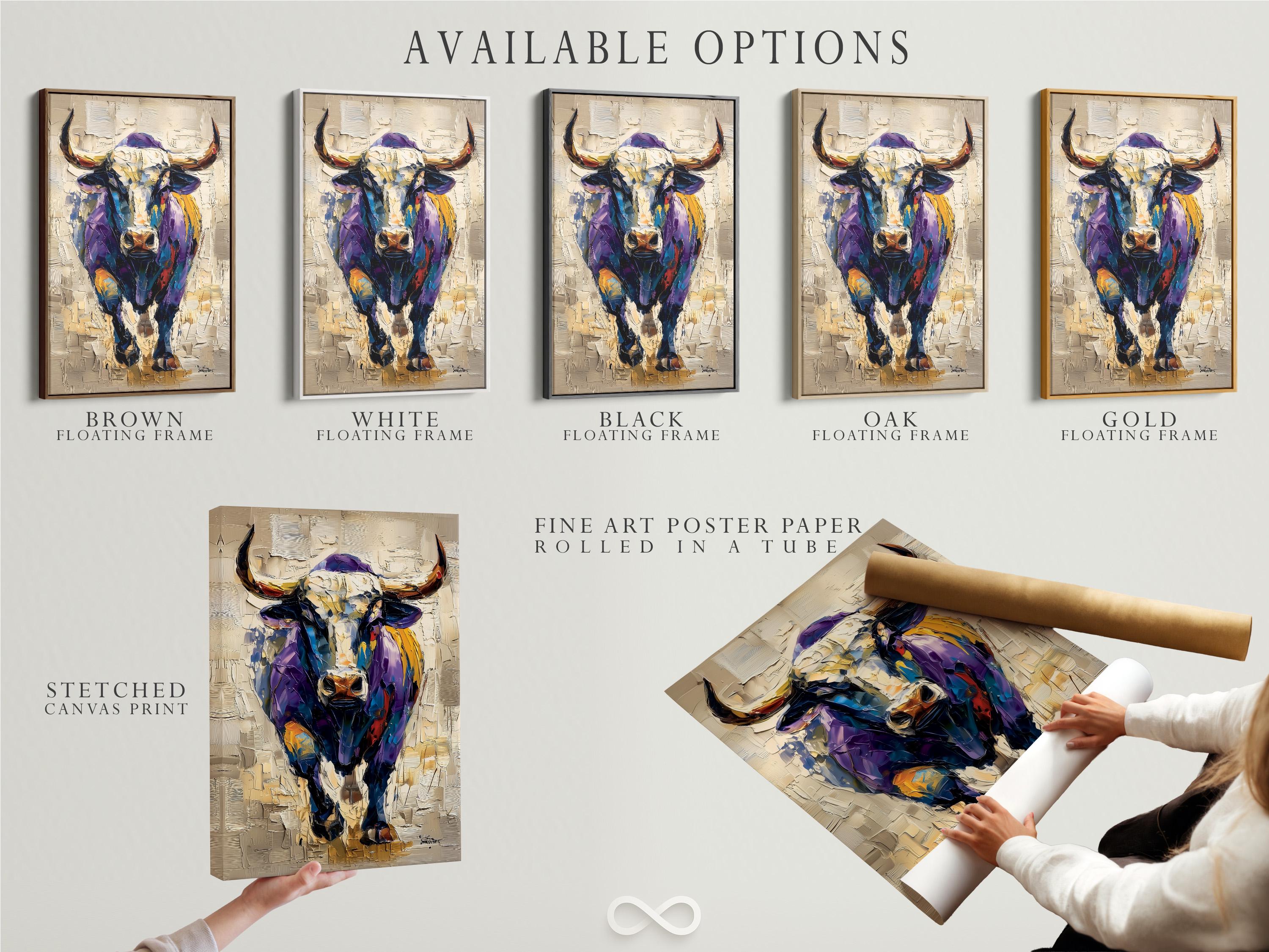 Stylised bull portrait with purple and blue tones, gold accents and a textured beige background detail view