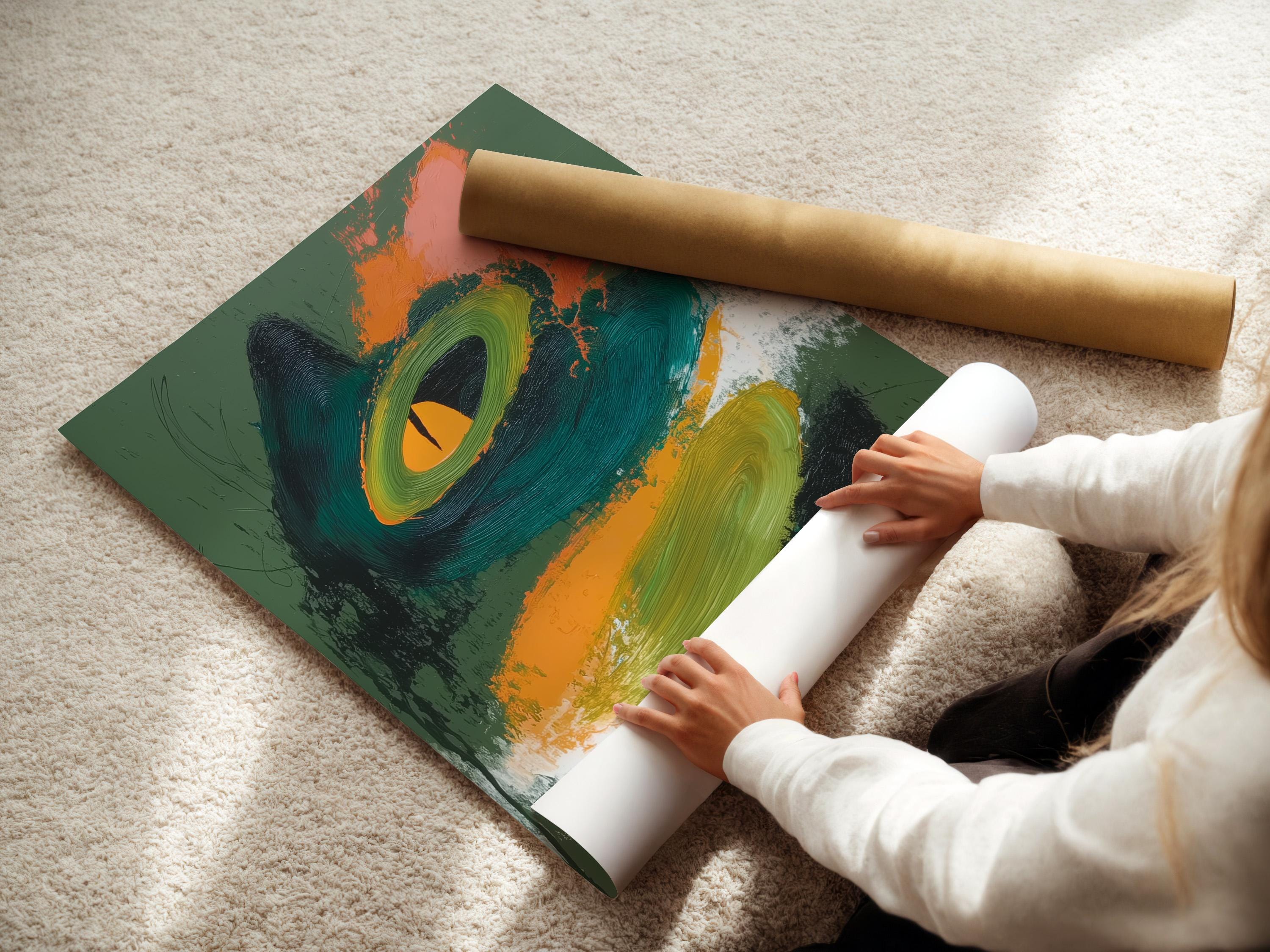 Abstract cat face artwork with green background, teal swirls and orange highlight detail view
