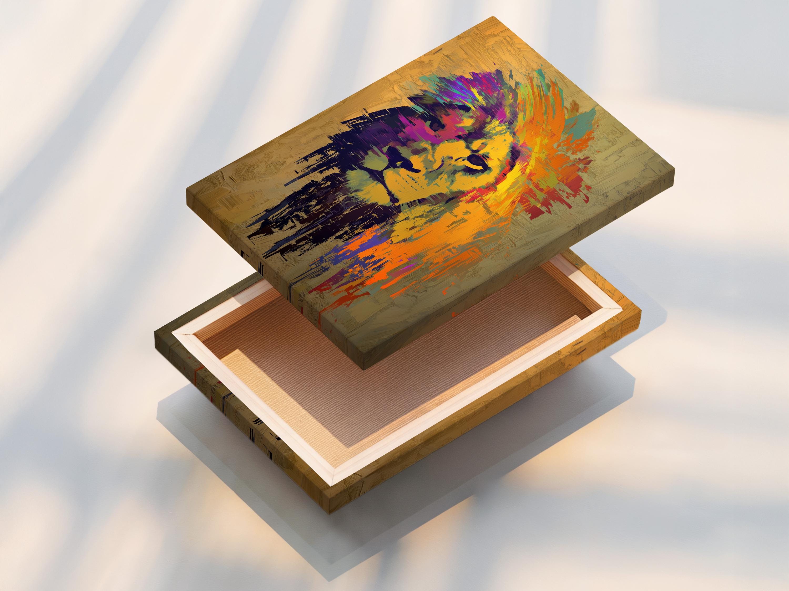 Stylised lion head artwork in warm beige with orange, purple and turquoise brush strokes detail view