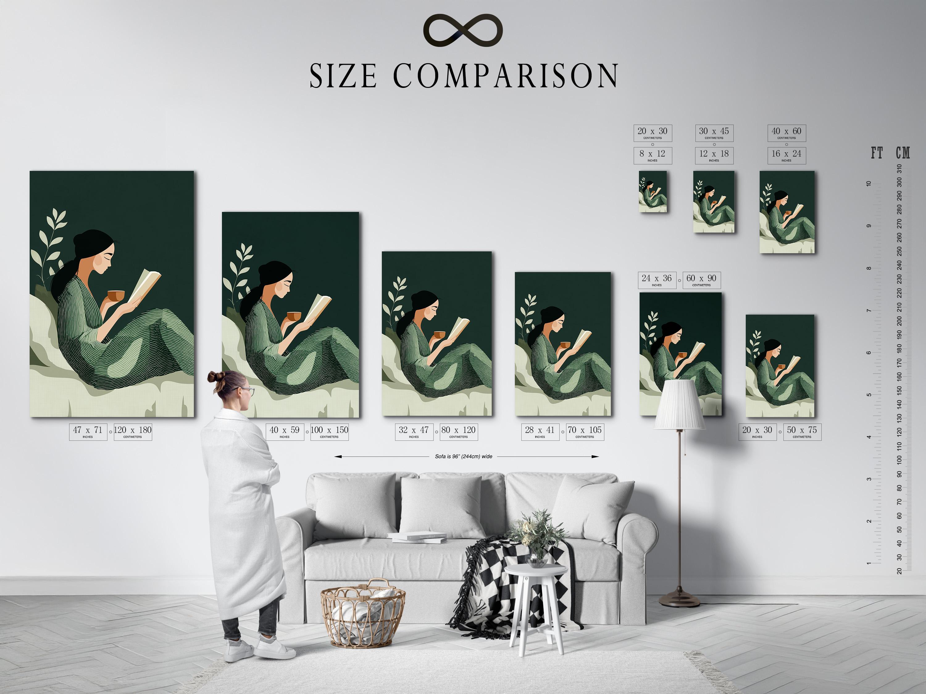 Room mockup showing a framed sage green botanical reading illustration on a wall