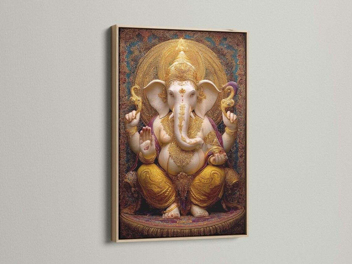 Room mockup showing a framed golden elephant-headed deity artwork with ornate halo design