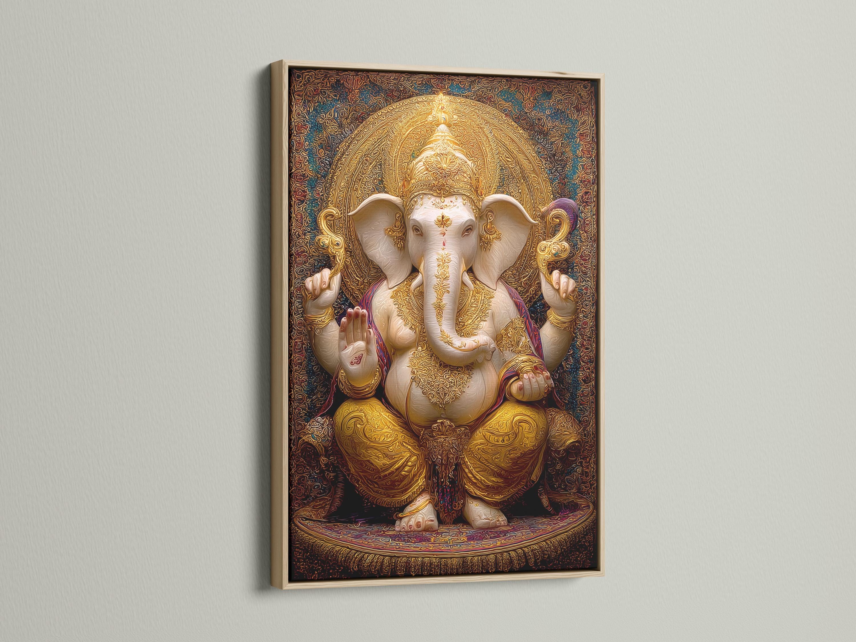 Room mockup showing a framed golden elephant-headed deity artwork with ornate halo design