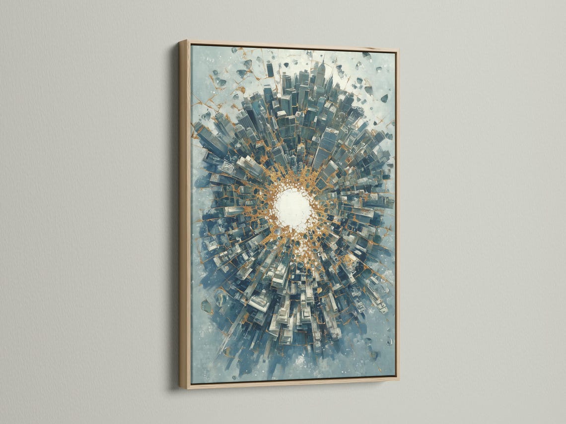 Abstract city tunnel artwork with radiating blue-grey buildings and warm gold accents detail view