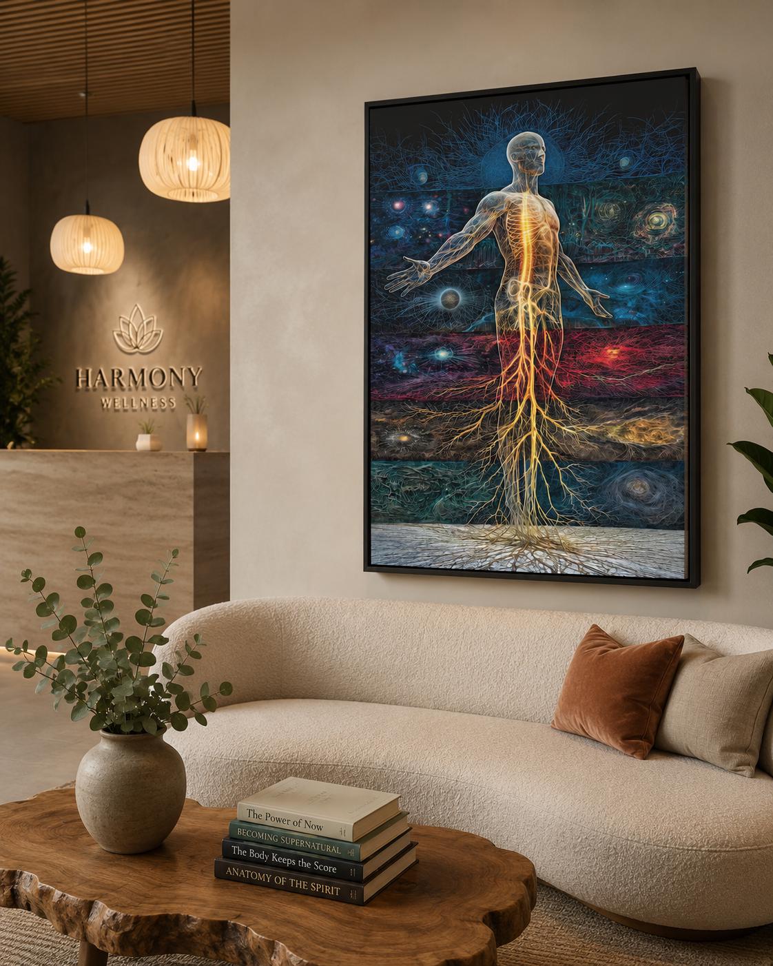 Woman standing beside a framed artwork showing a glowing energy human figure in blue, teal and red