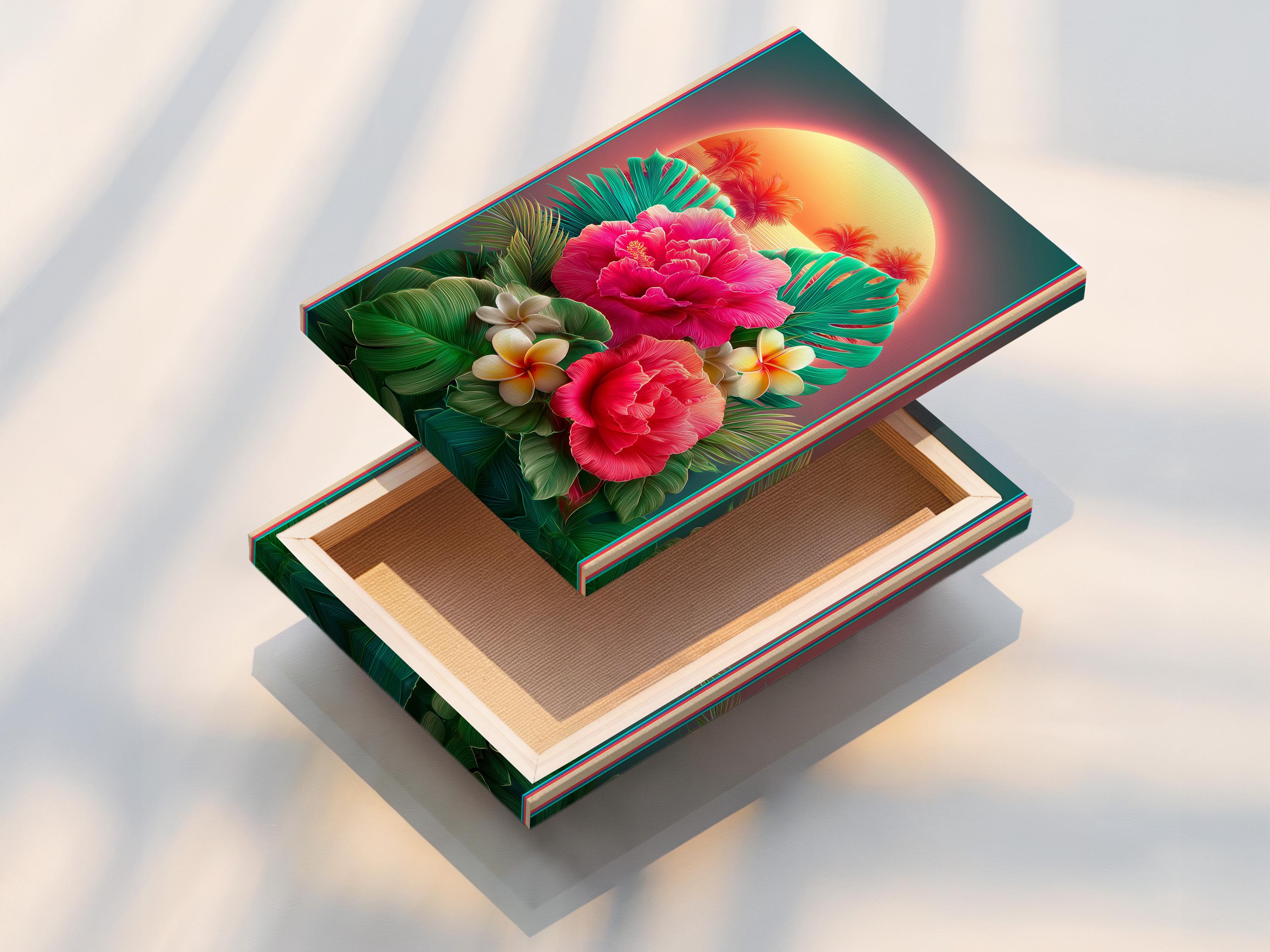 Tropical floral artwork with pink hibiscus flowers, teal palm leaves and a glowing sunset halo detail view