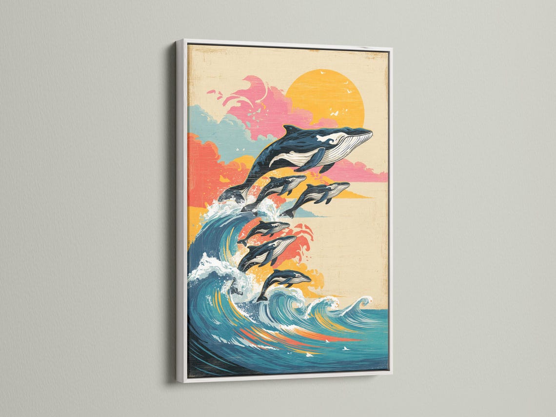 Retro ocean artwork with stylised whales jumping through foamy waves under a large orange sun detail view