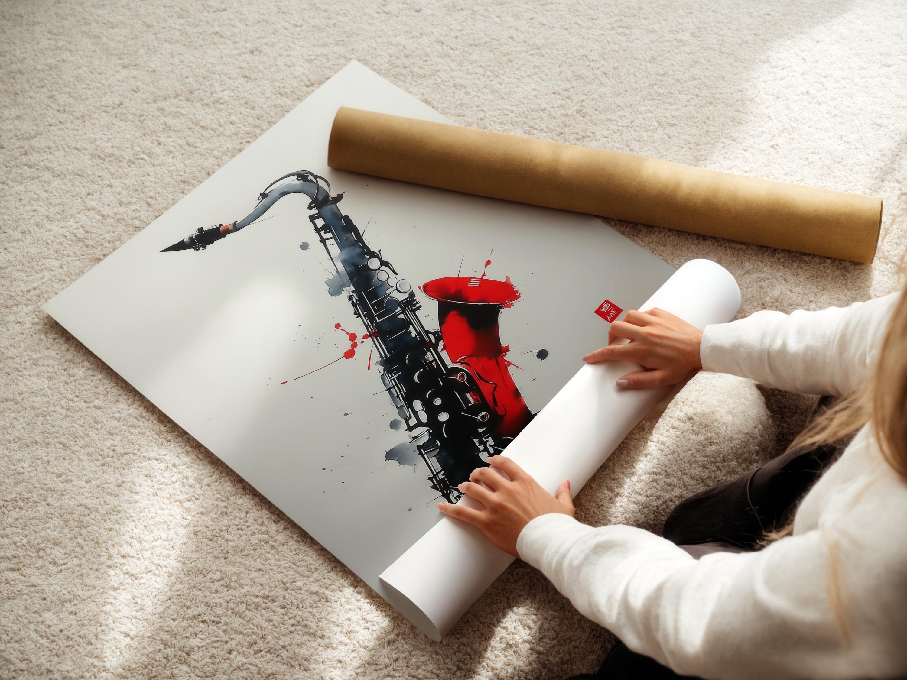 Red and black saxophone illustration with paint splatter marks on an off-white background detail view