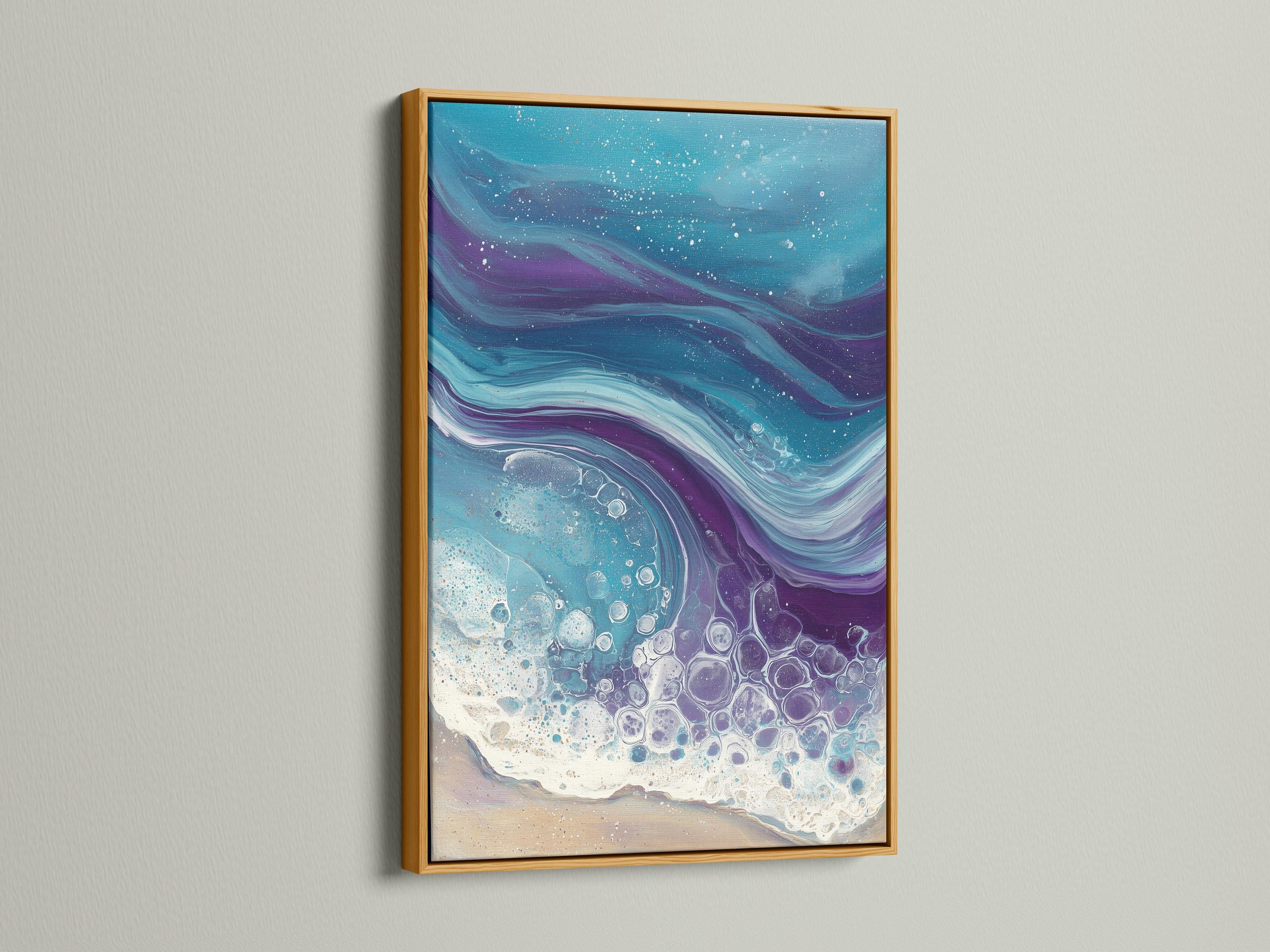 Fluid abstract ocean waves in teal and purple with bubble-like foam highlights detail view