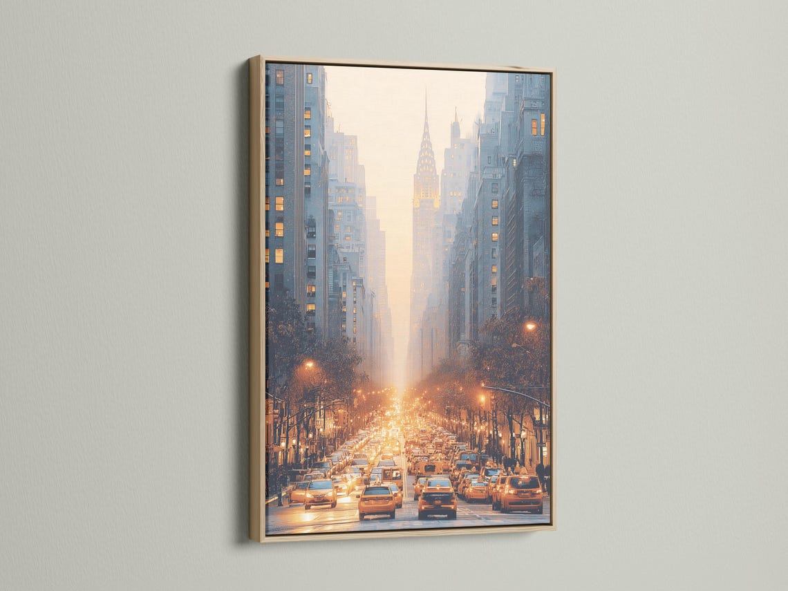 Golden hour city street with traffic, tall buildings and a tower silhouette in mist detail view