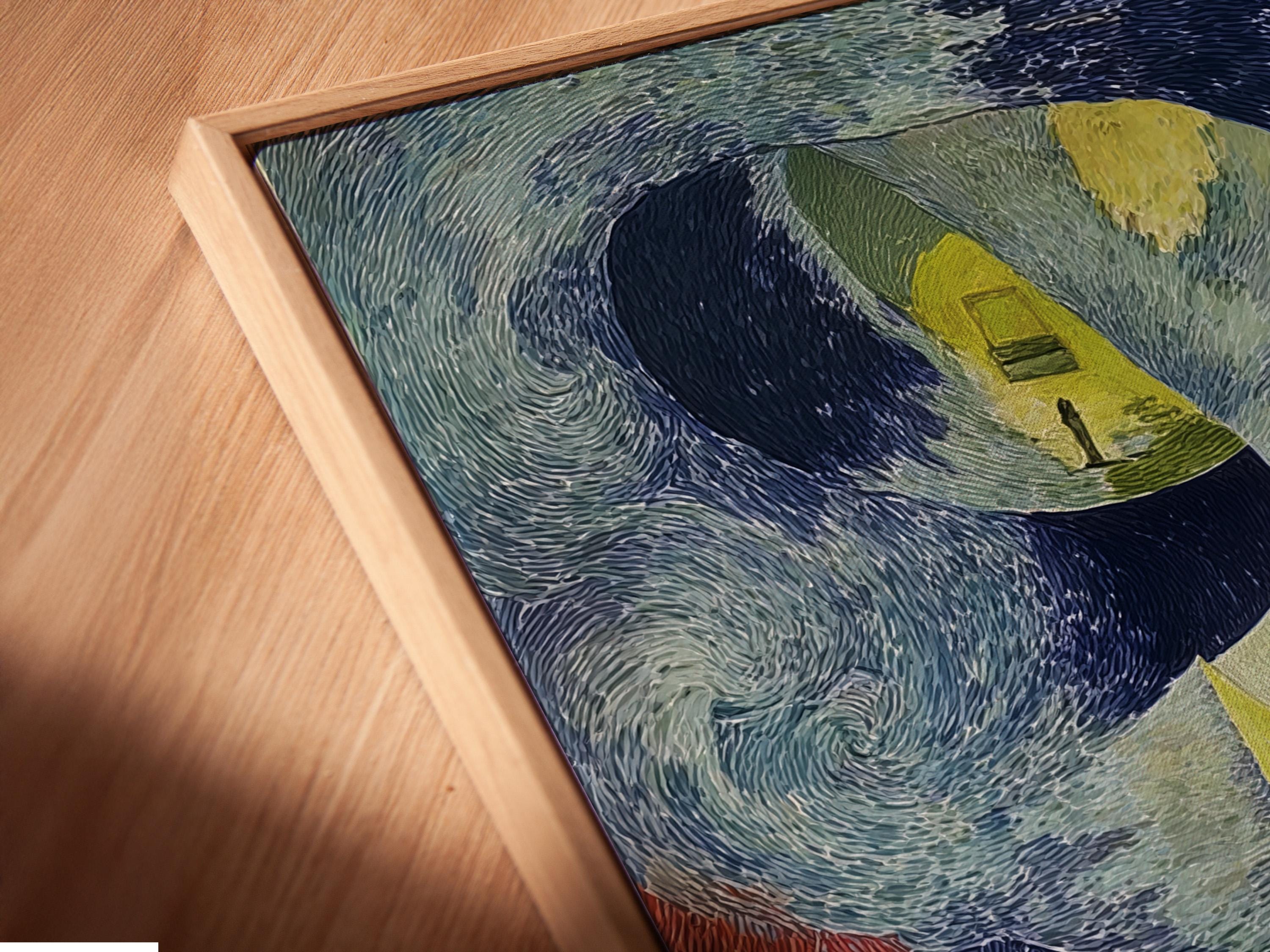 Room mockup showing framed surreal spiral staircase artwork with blue and green tones