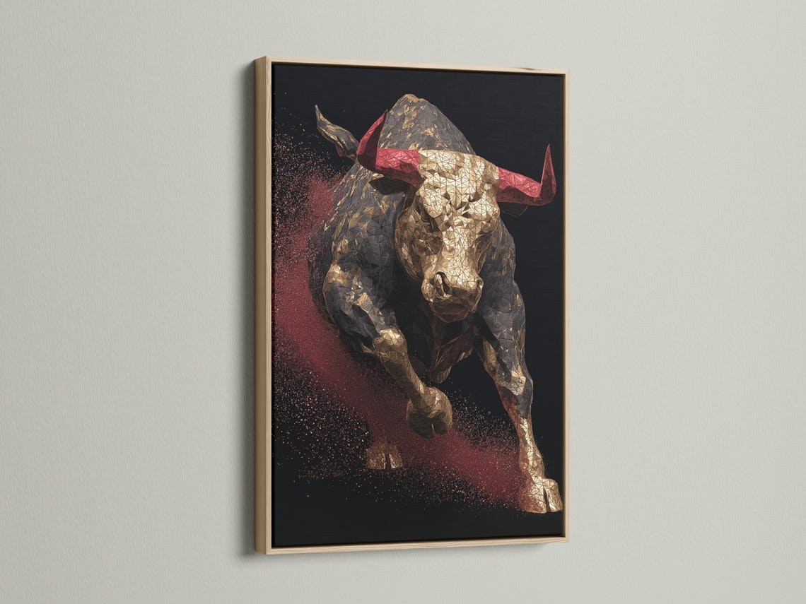 Geometric bull artwork with metallic gold facets and deep red speckles on a dark background detail view