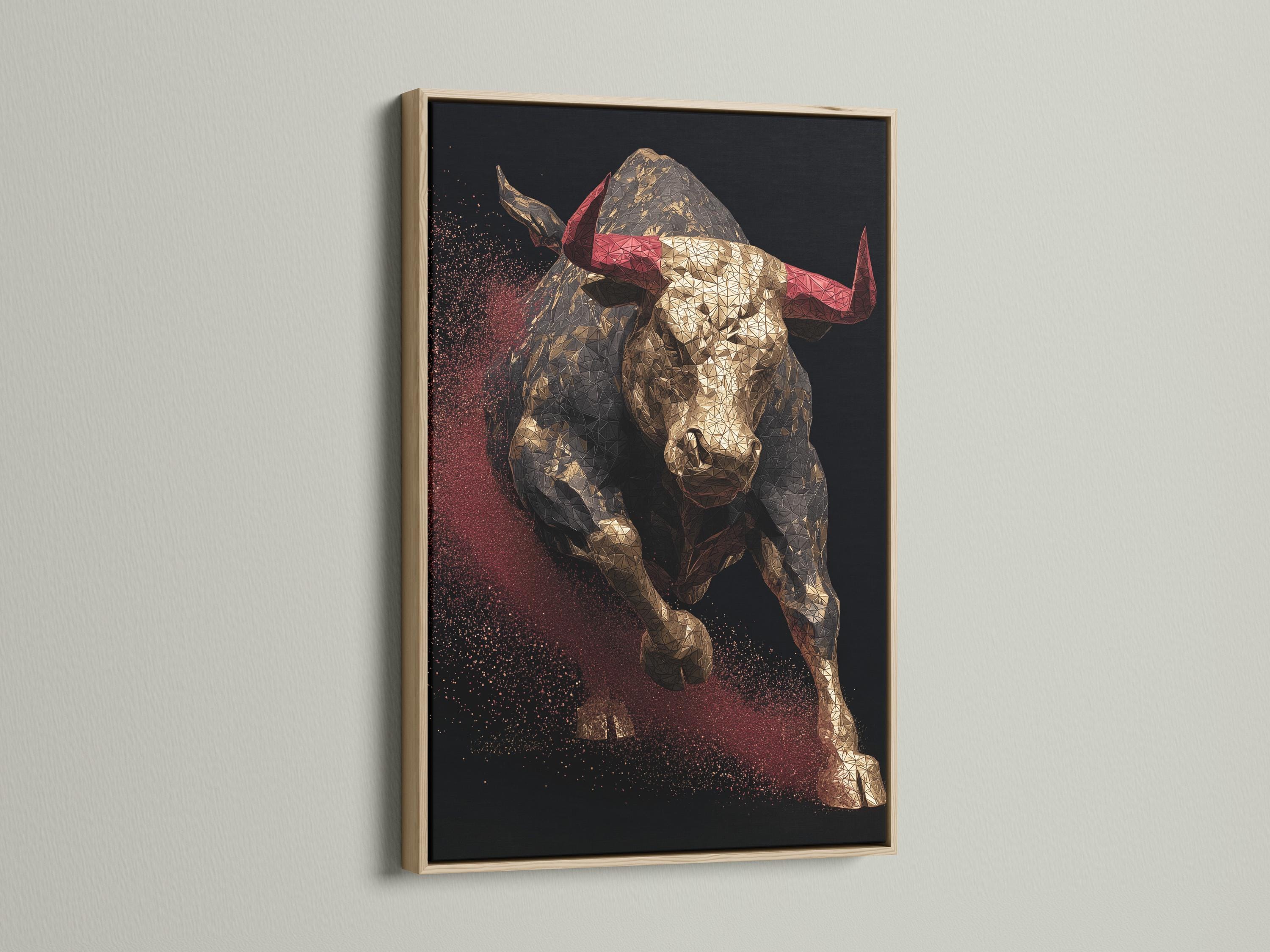 Geometric bull artwork with metallic gold facets and deep red speckles on a dark background detail view
