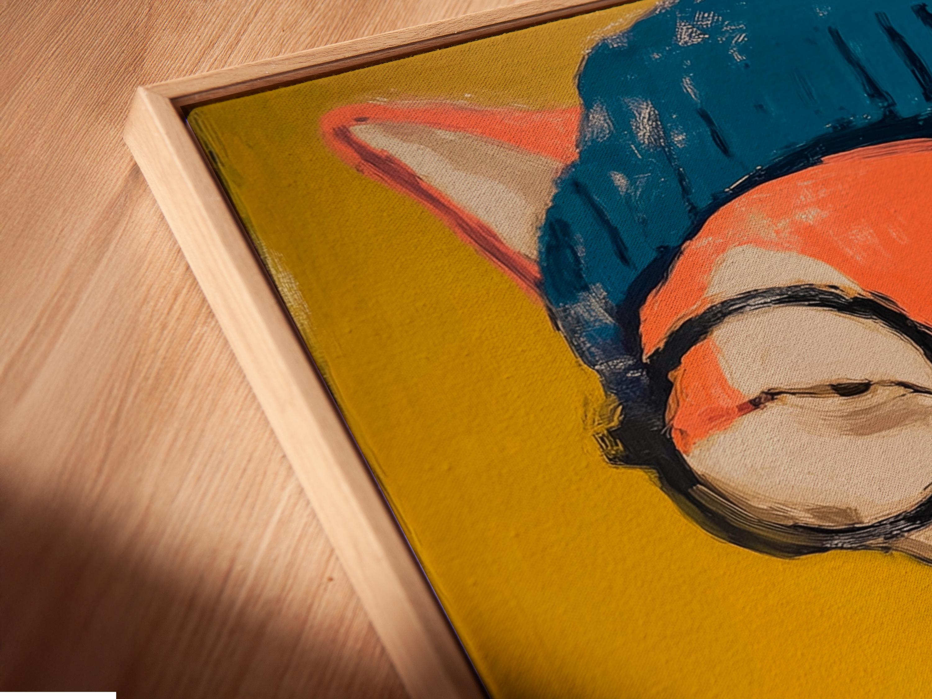 Stylised fox portrait wearing round glasses and a blue beanie, holding a red-and-white striped cup detail view
