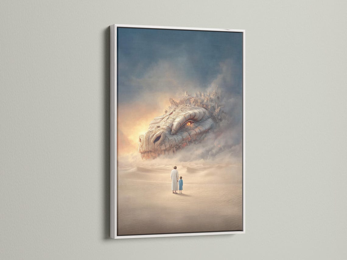 Room mockup showing framed fantasy dragon desert artwork