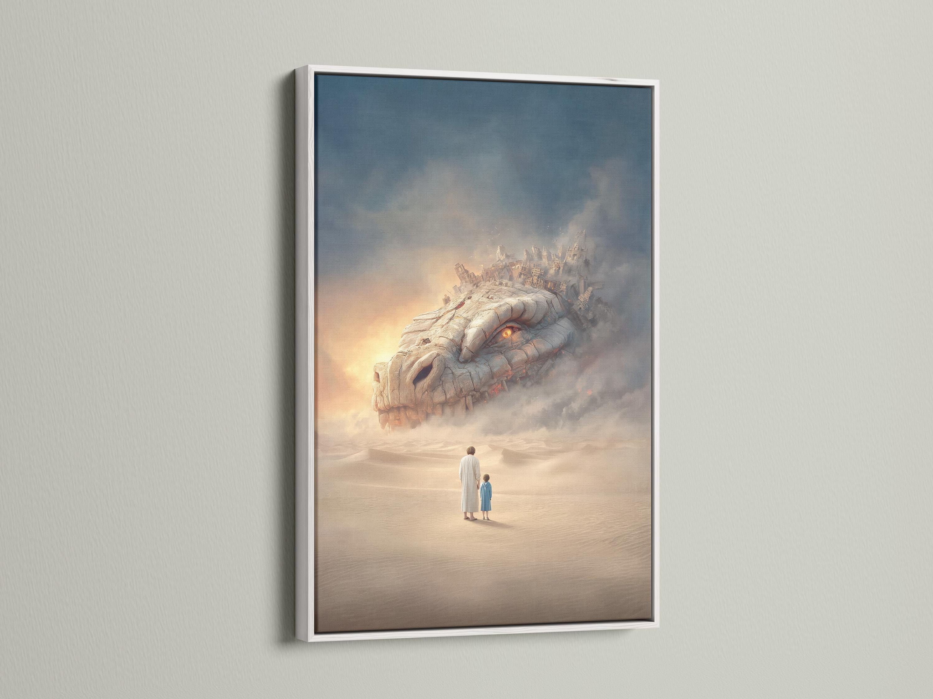 Room mockup showing framed fantasy dragon desert artwork