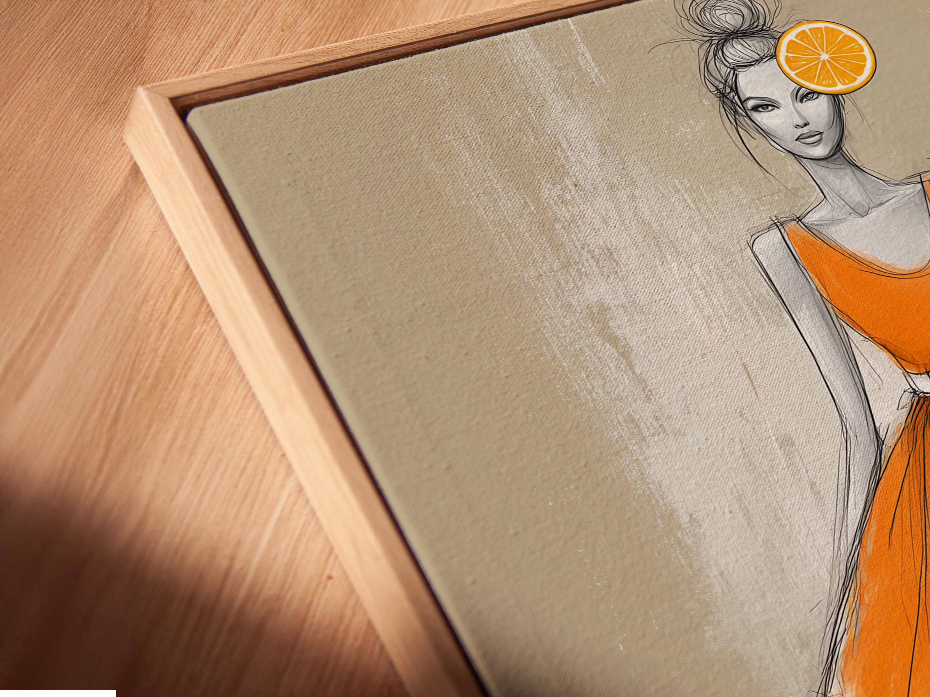 Fashion sketch of a woman in an orange dress holding a drink with an orange citrus slice above her head detail view