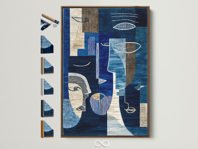 Indigo abstract faces artwork with navy, cream and gold geometric line patterns