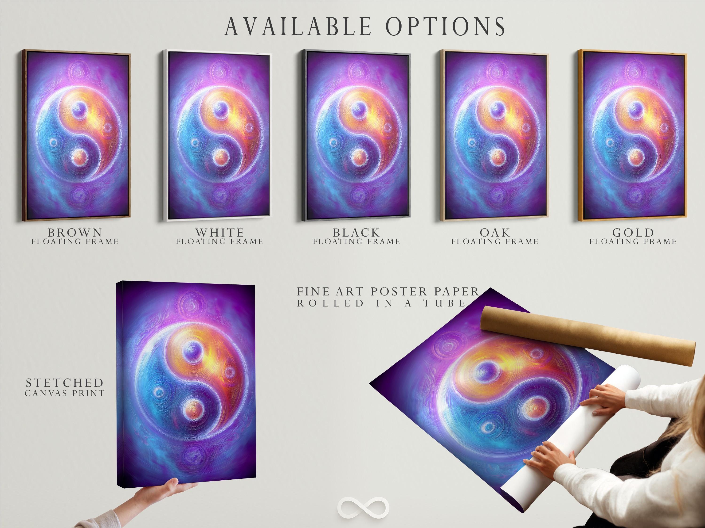 A cosmic purple artwork shows swirling concentric circles and two yin-yang style orbs with rainbow-like colour bands detail view