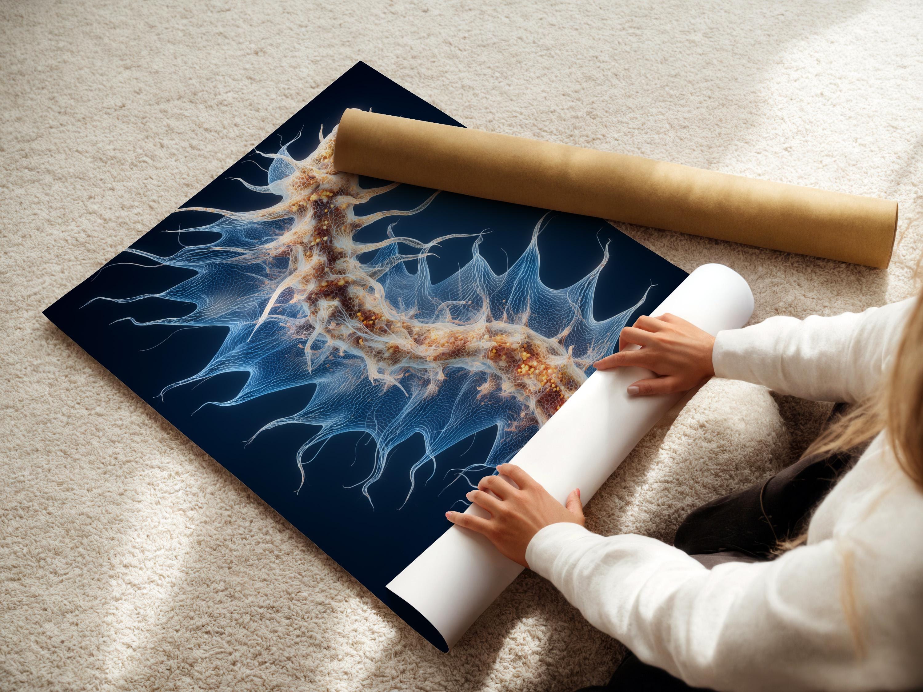 Abstract sea-anemone style artwork on a deep navy background with pale blue tendrils and gold speckles detail view