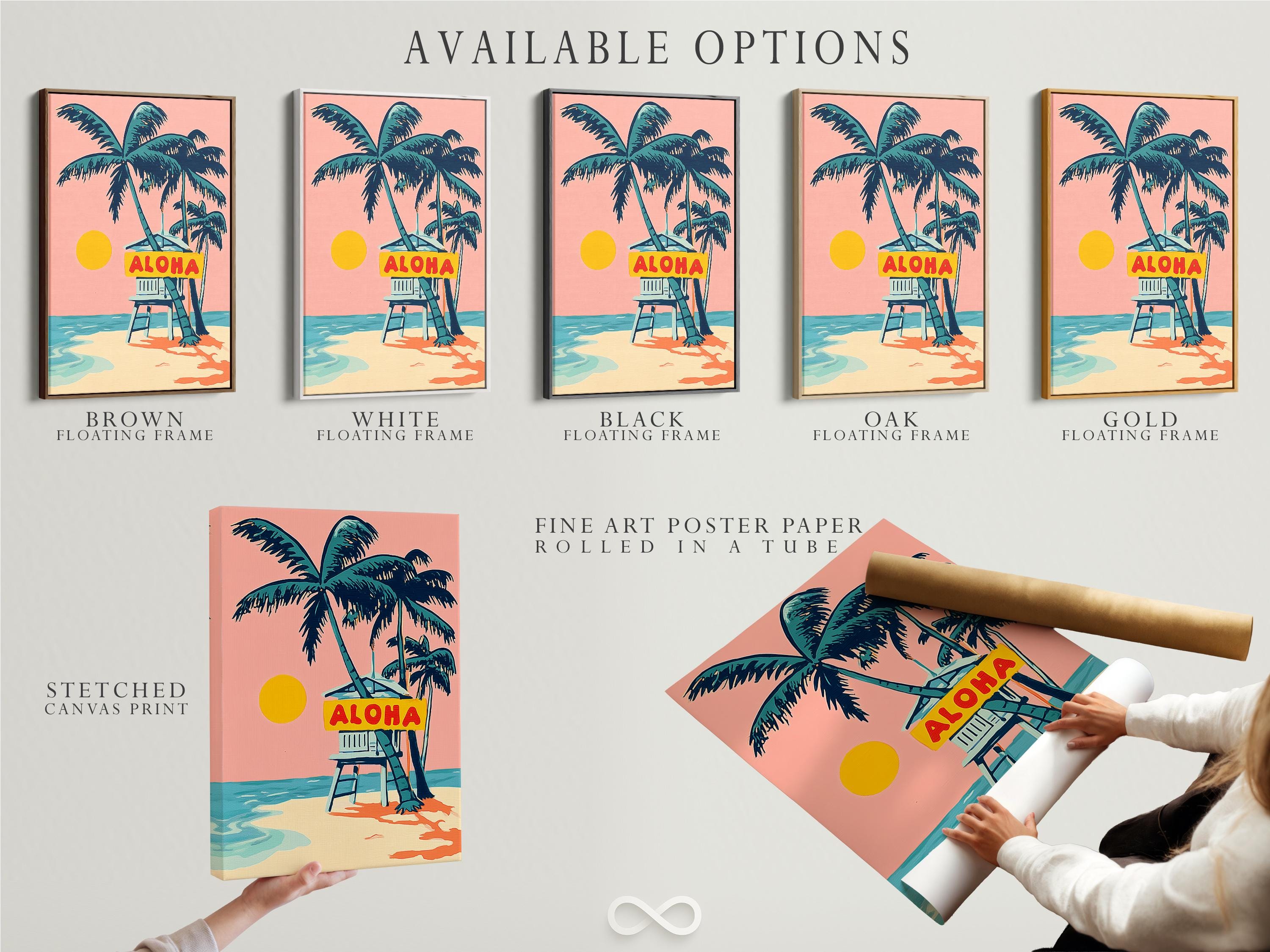 Retro tropical beach artwork with a palm tree, deck chair, ocean waves and ALOHA sign detail view