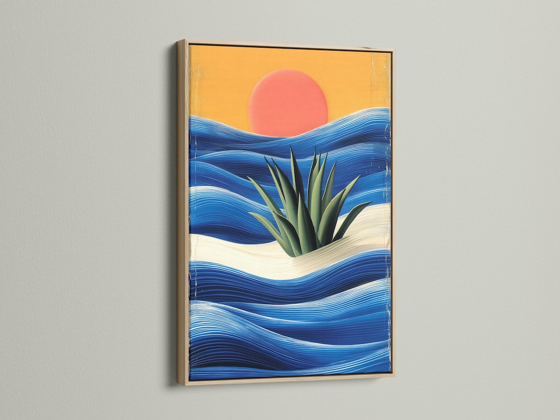 Sunset over stylised ocean waves with spiky green plants and pale sandy foreground detail view