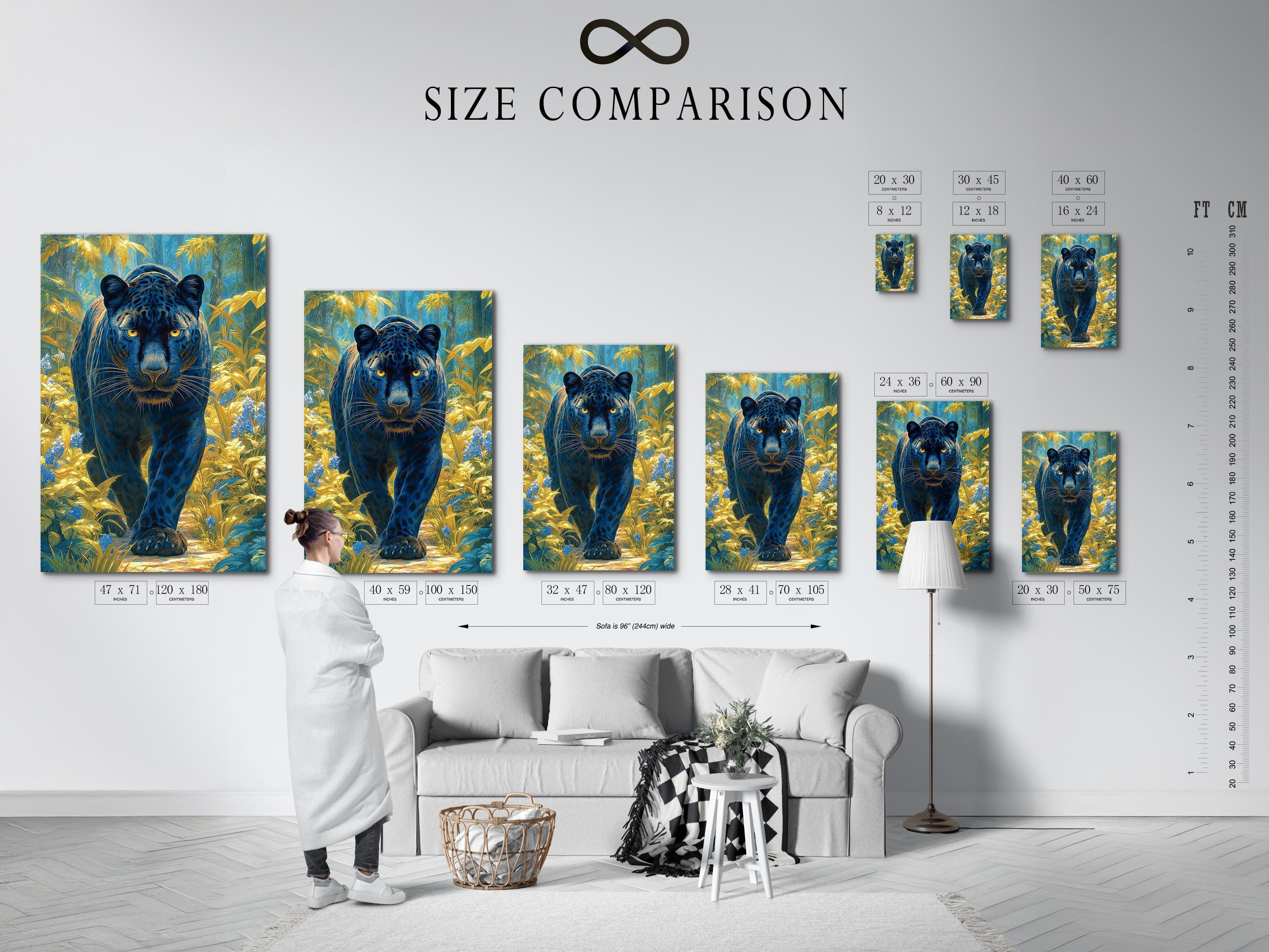 Stylised big cat with glowing golden eyes in a blue and gold jungle scene detail view