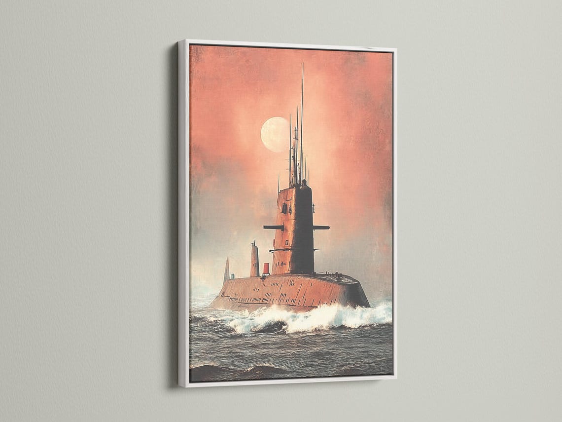 Moonlit submarine on choppy ocean waves under a dusty pink sky detail view