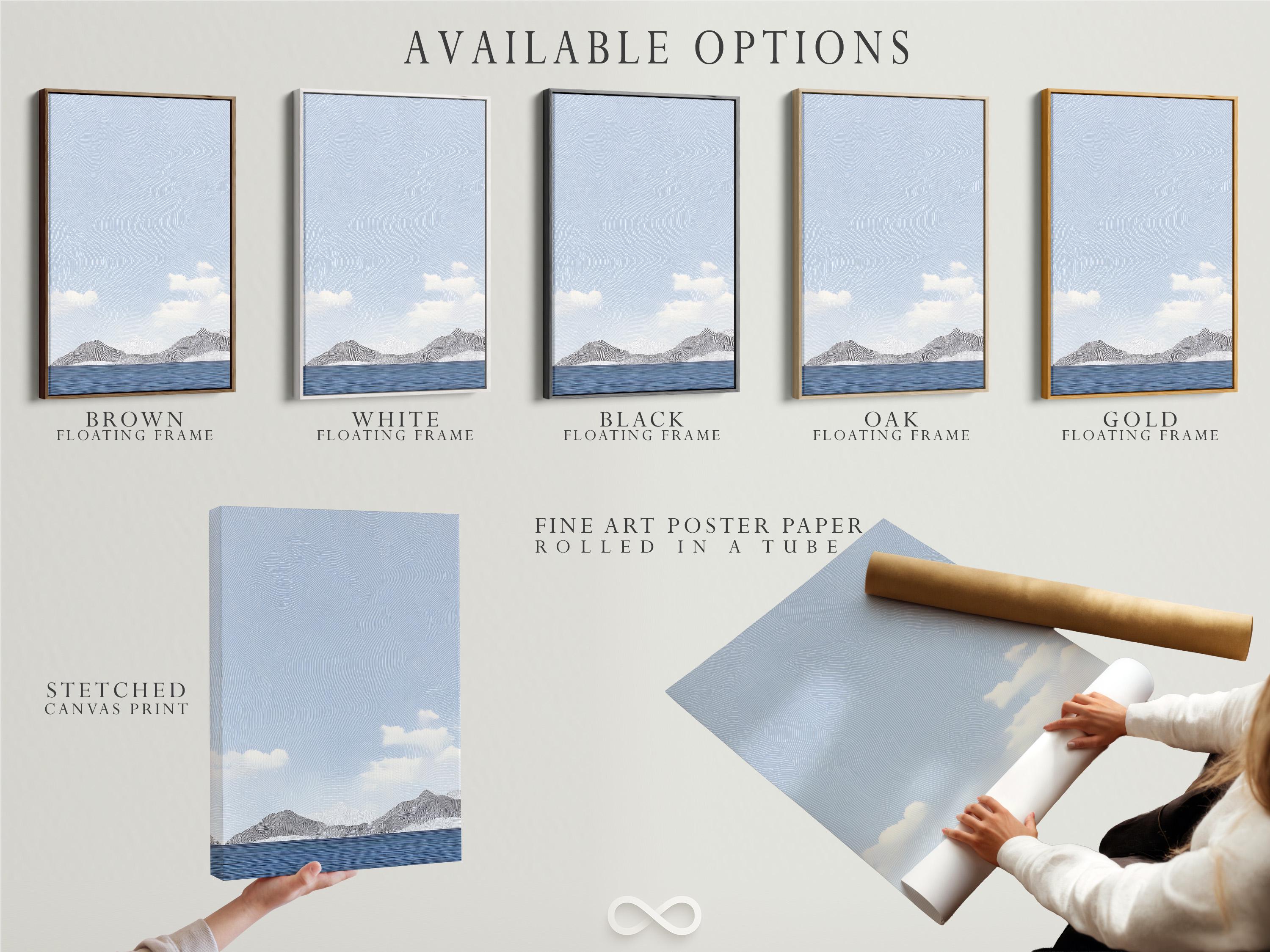 Room mockup showing a framed light blue minimalist seascape artwork with clouds and mountains
