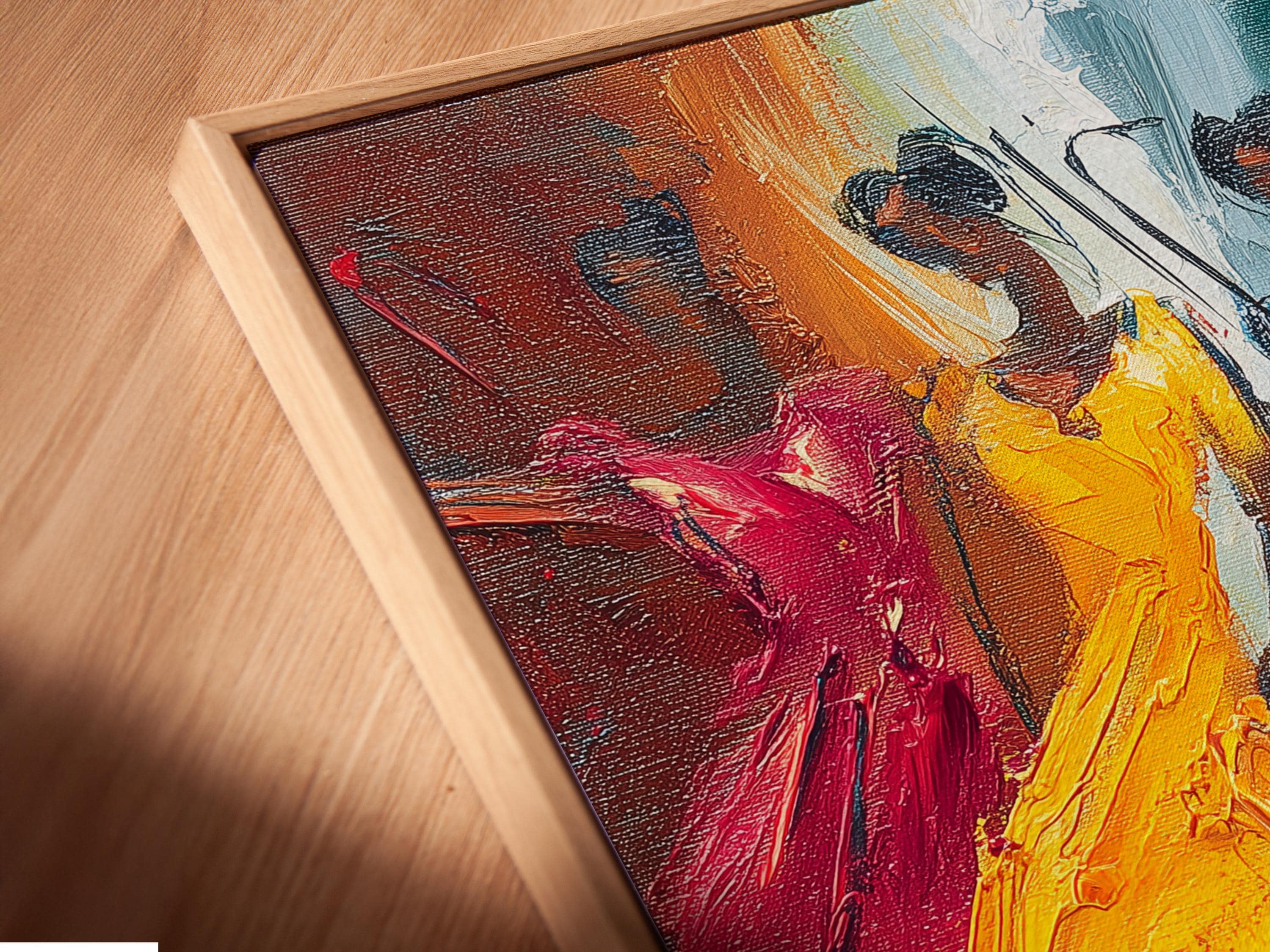 Abstract painting showing three stylised dancing figures in orange, blue, green and pink tones detail view