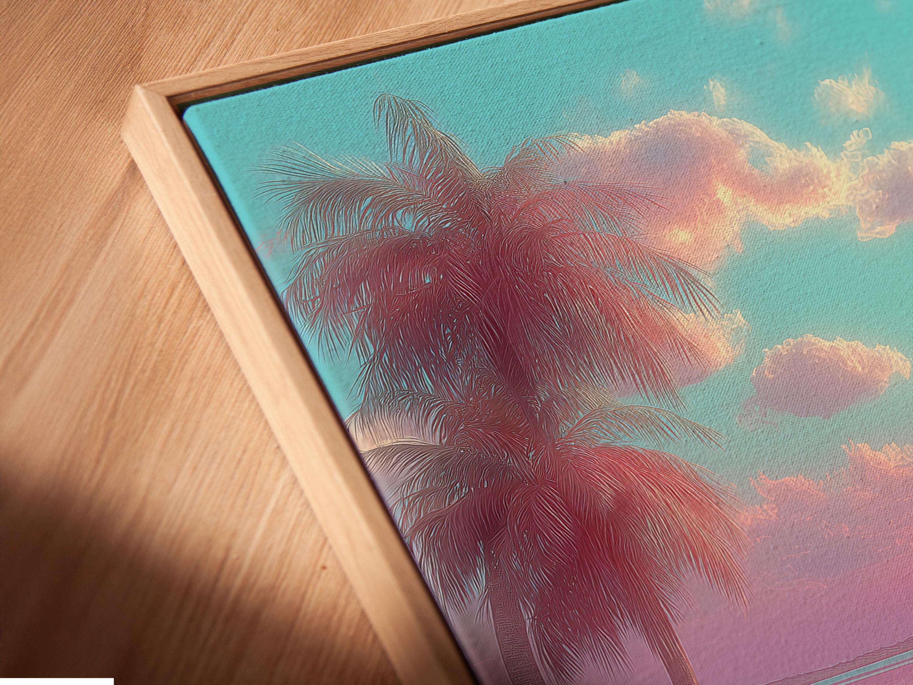 Room mockup showing beach sunset artwork in a framed seascape design