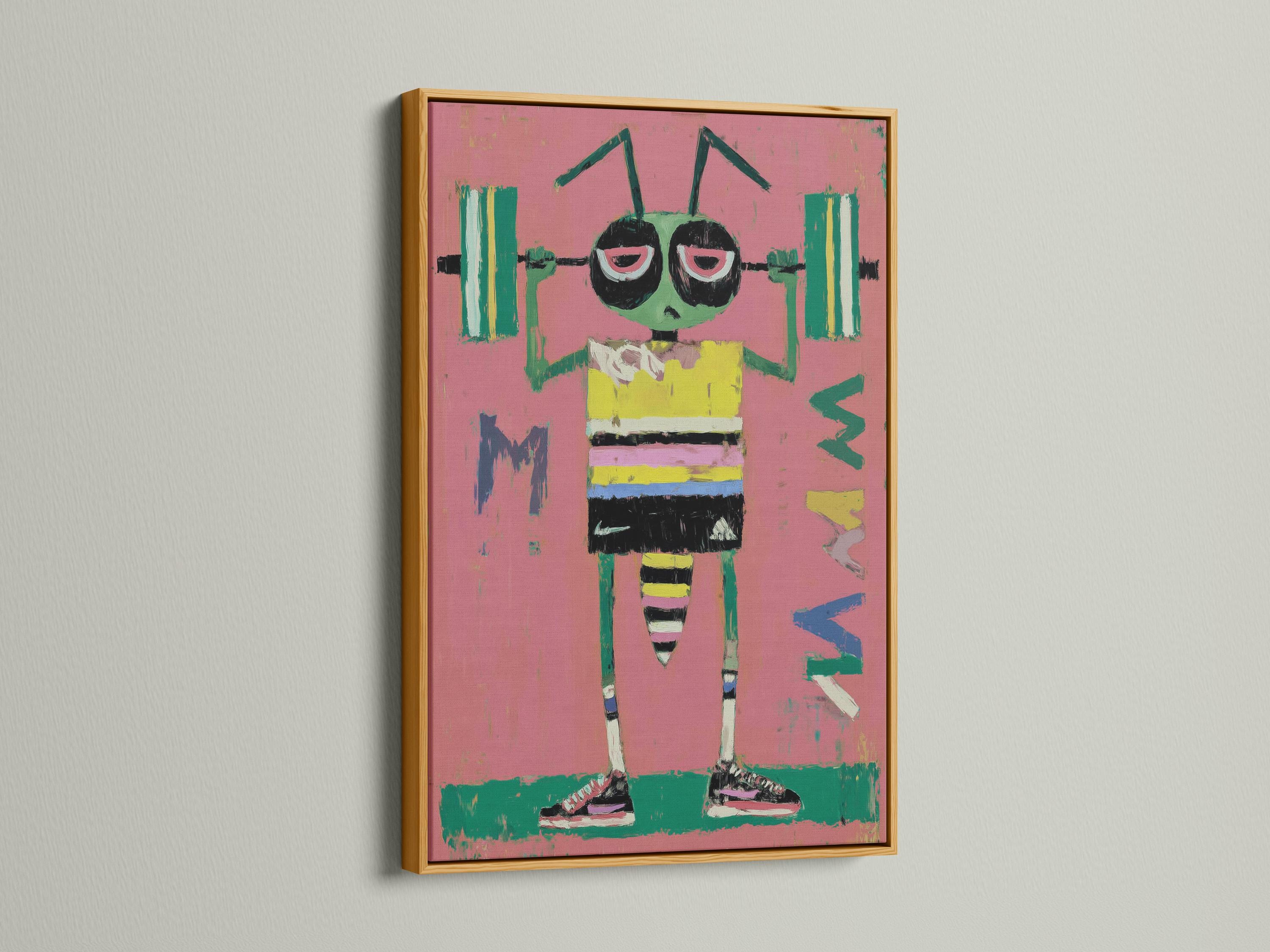 Cartoon bug character with large eyes, pink background, and green and yellow striped body detail view