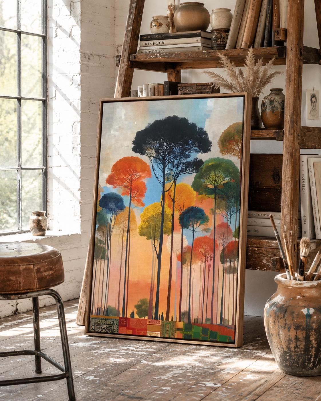 Room mockup with a large framed forest artwork above a sofa