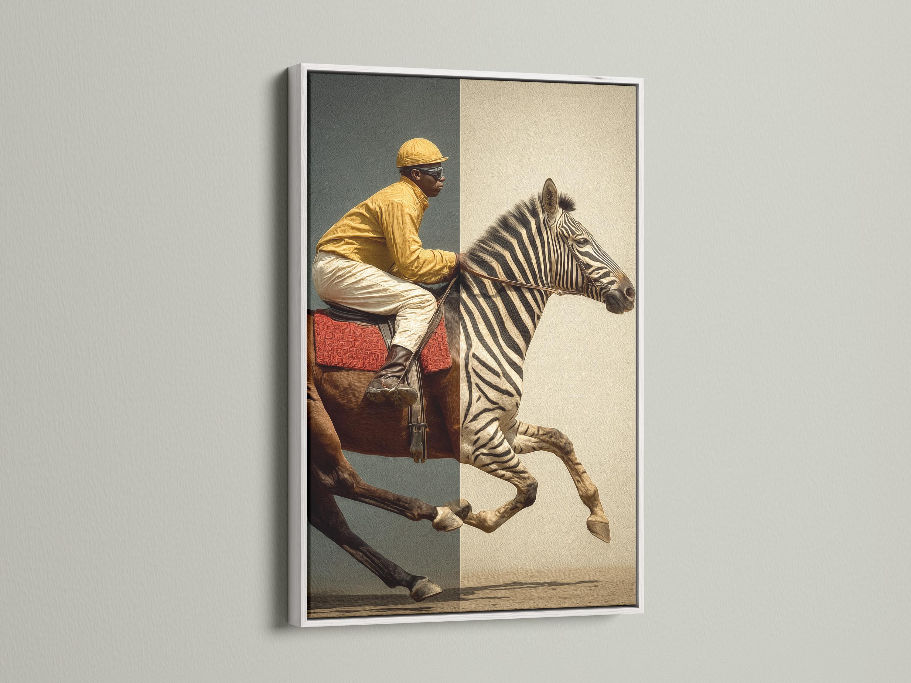 Room mockup showing framed zebra jockey artwork on a wall with side panel images