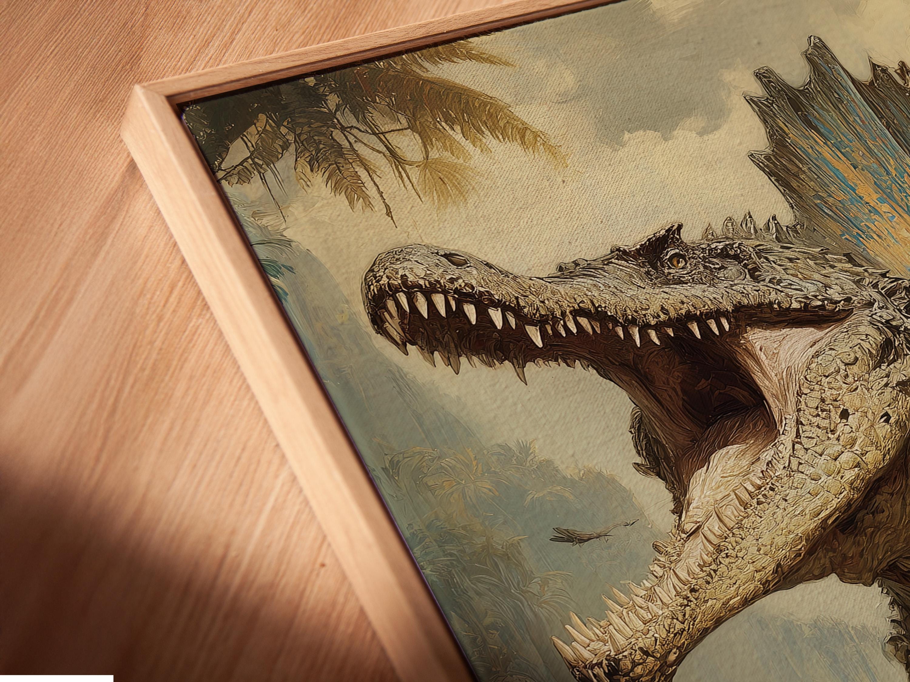 Prehistoric dinosaur artwork with open mouth in a misty jungle scene detail view