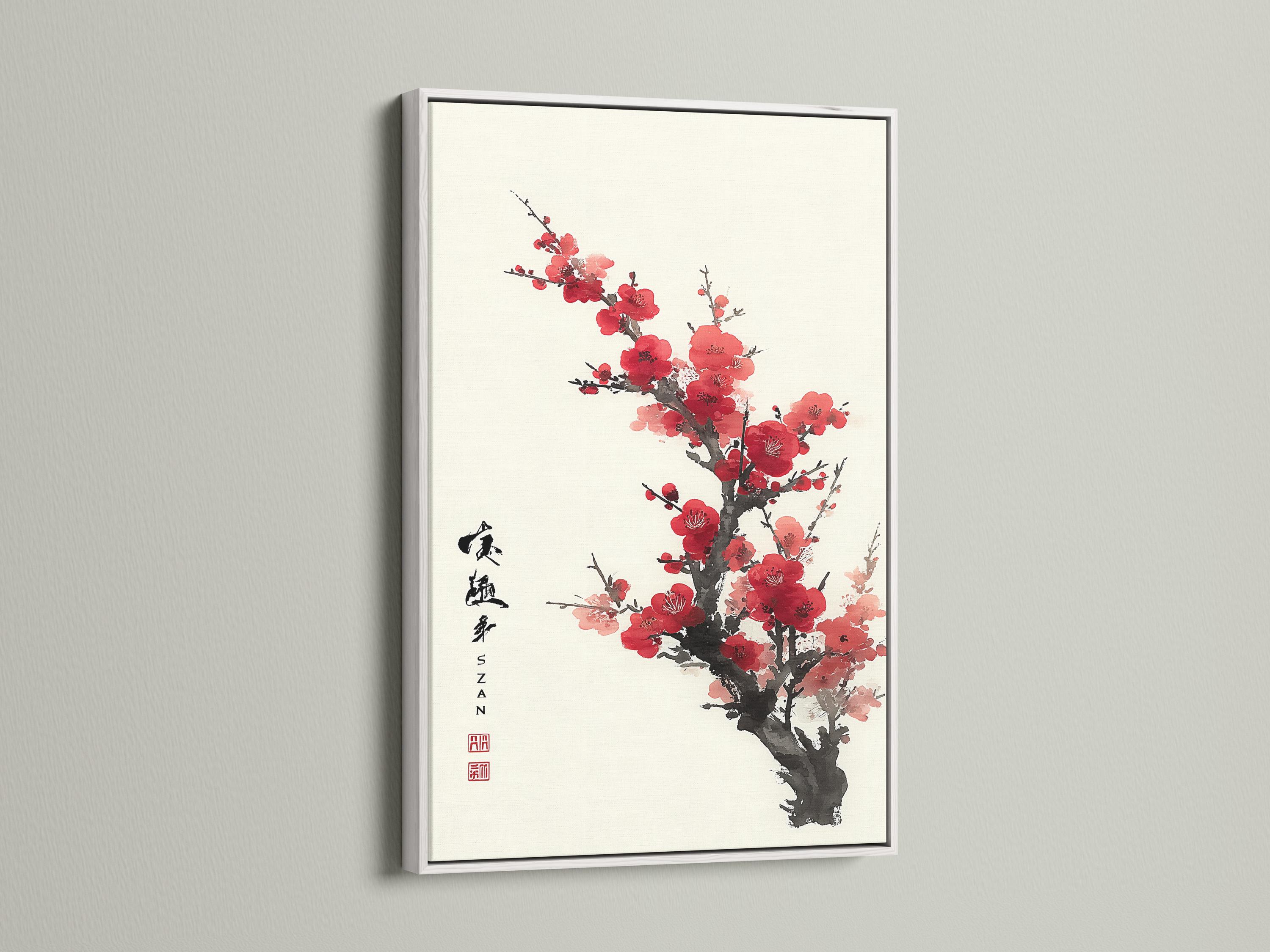 Red and pink plum blossoms on a black ink tree branch with vertical calligraphy and a red seal detail view