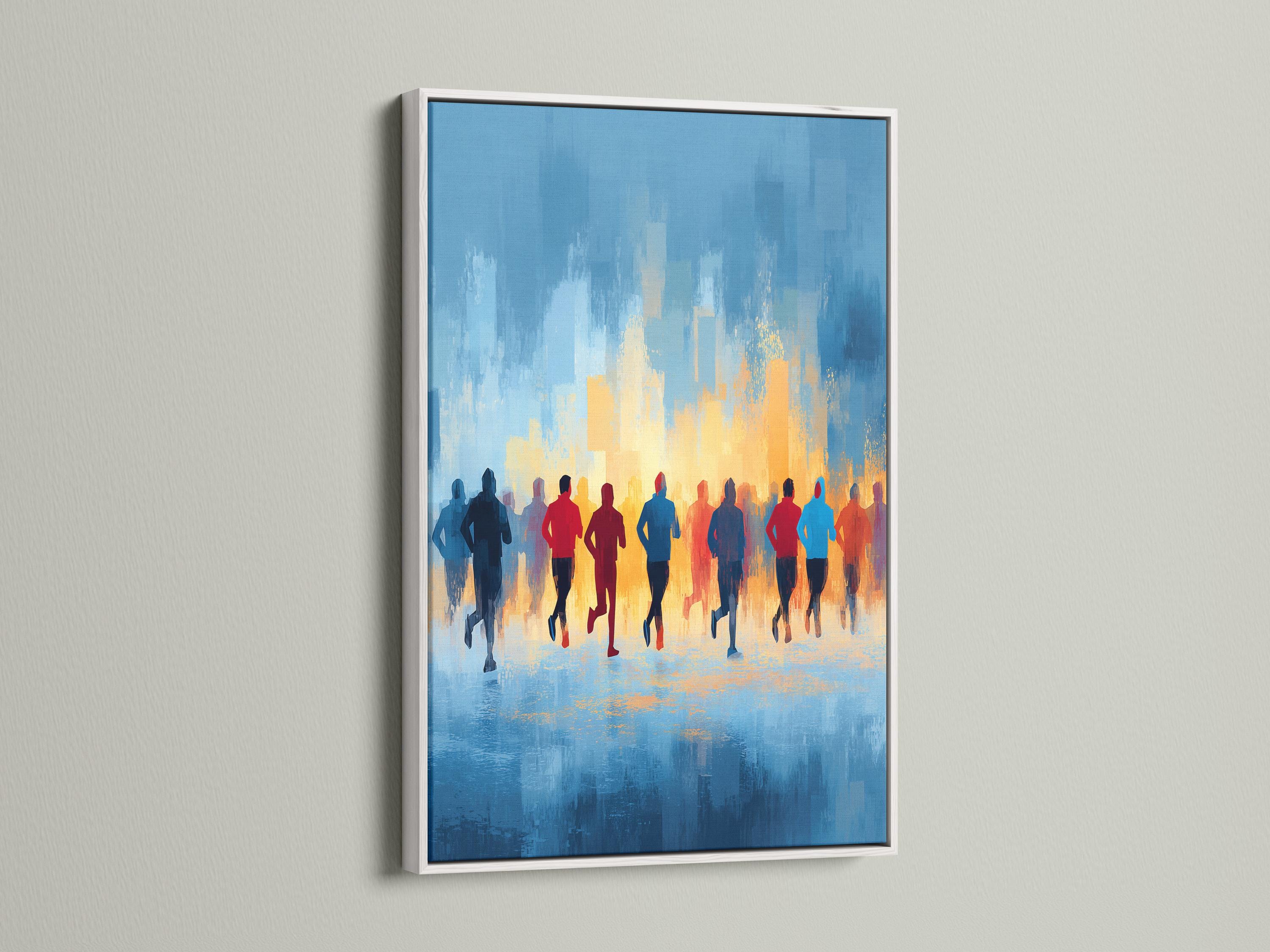 Abstract runners silhouette scene with blue skyline and warm orange horizon glow detail view