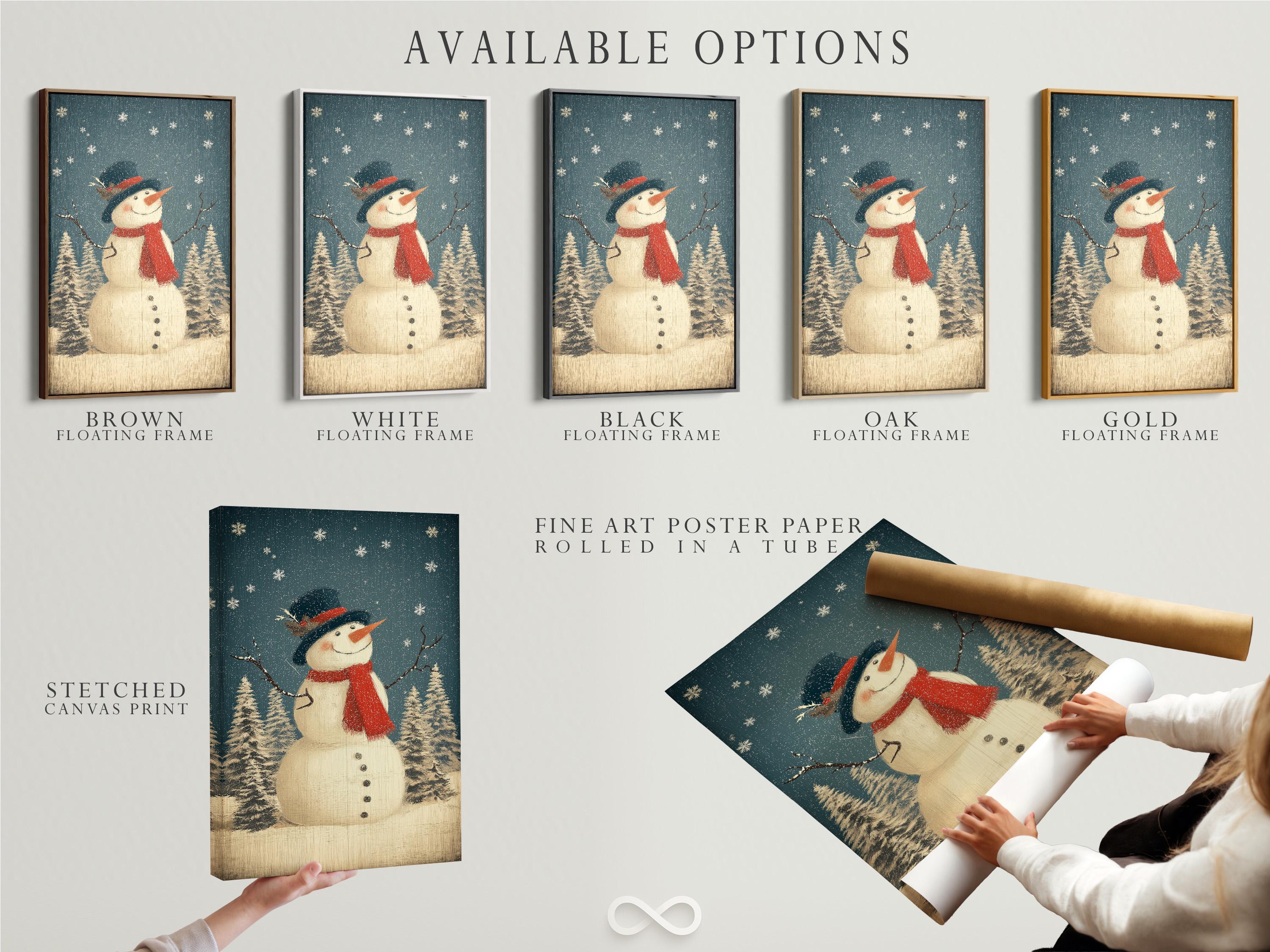 Smiling snowman with red scarf and dark hat in a snowy pine forest with falling snow detail view