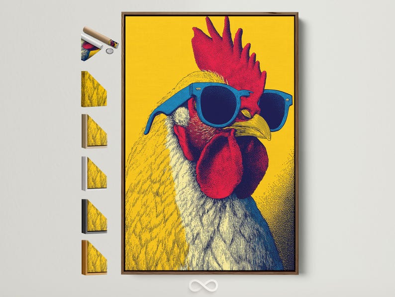 Stylised rooster portrait with oversized blue sunglasses on a bright yellow background