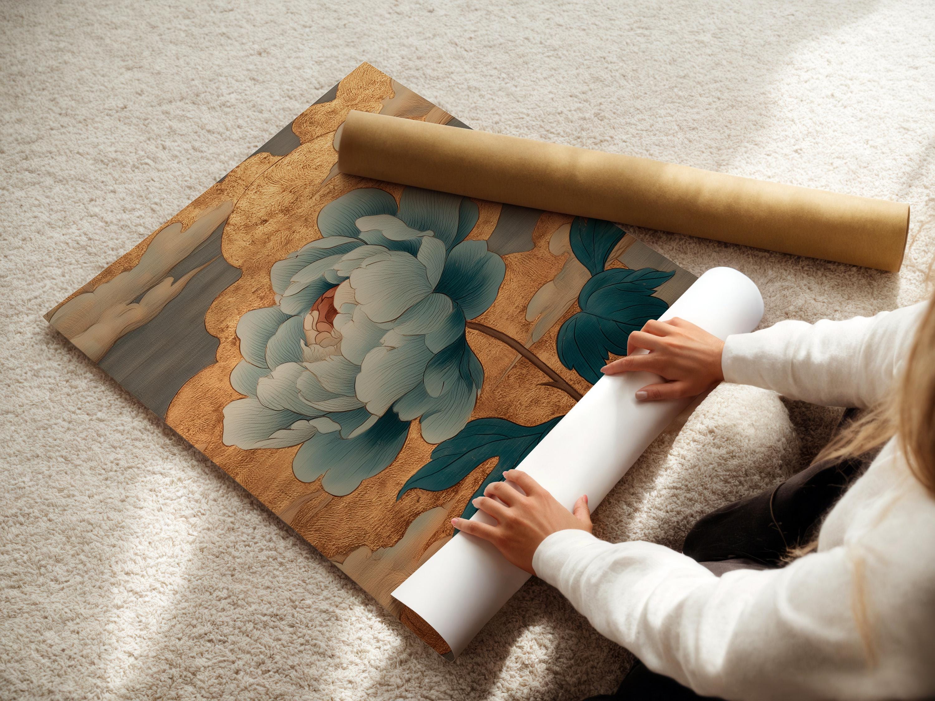 Teal and gold floral artwork with layered petals and leaves on a textured gold background detail view