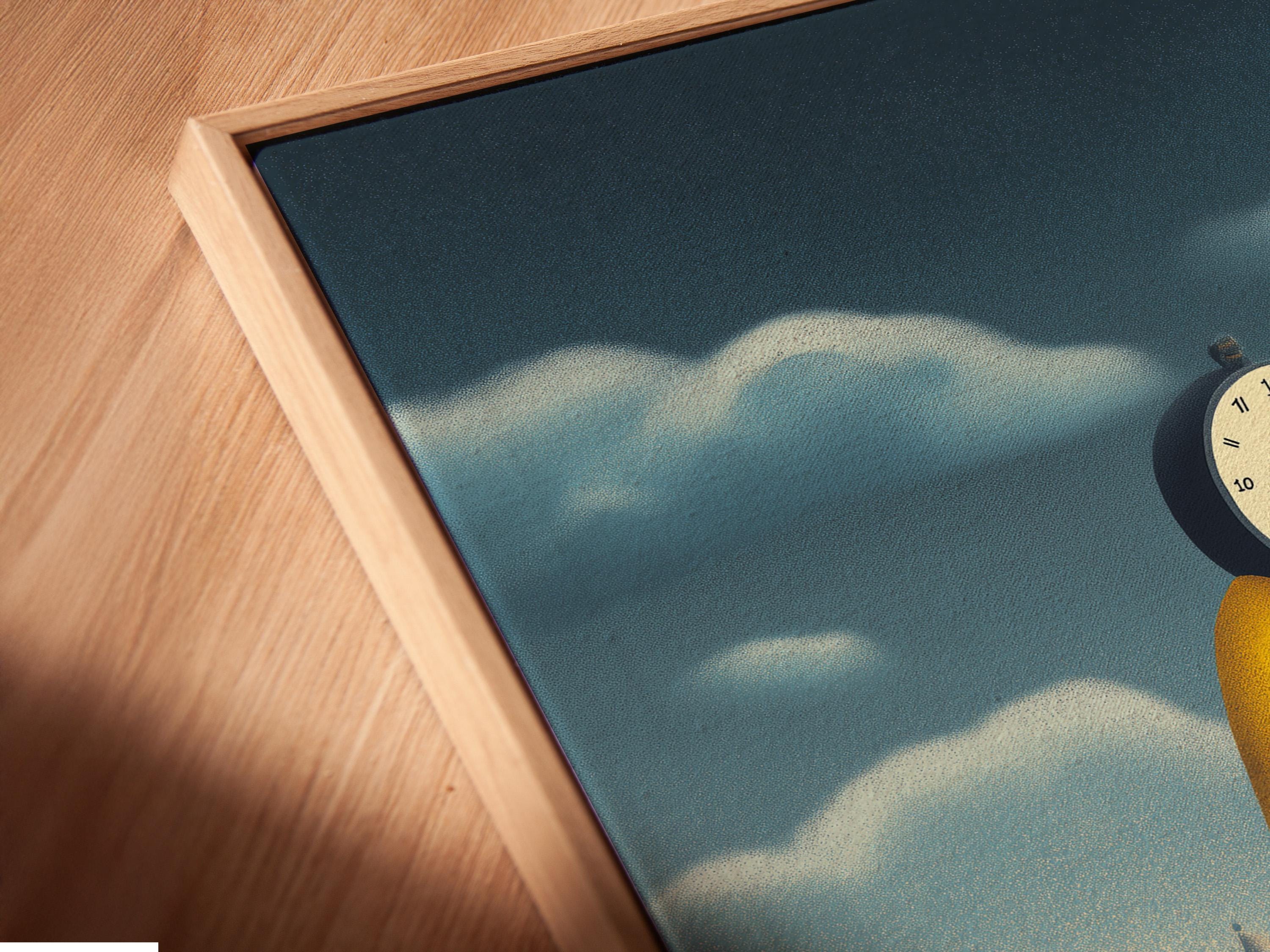 Mockup showing a framed clock-headed figure artwork in yellow and blue on a wall with supporting thumbnail views