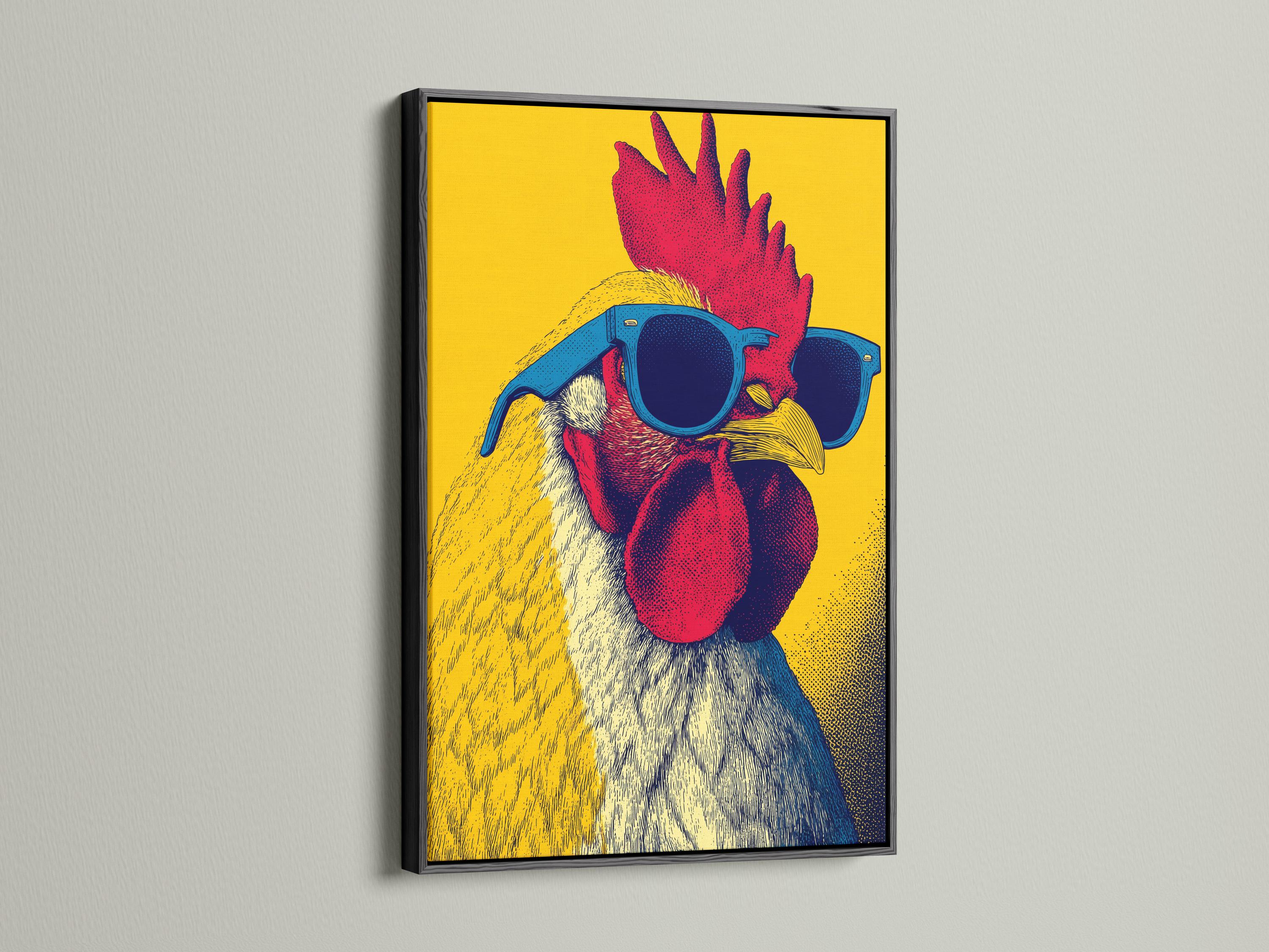 Room mockup featuring a framed pop-art rooster with blue sunglasses on a yellow background